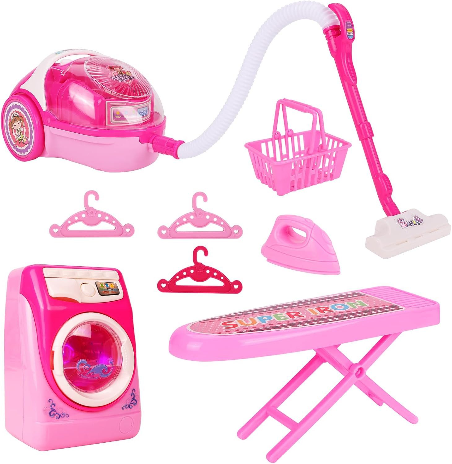 Greyghost Puppenhausmöbel Reinigungsset Spielzeug Waschmaschine Staubsauger mit Licht (Spielzeug Haushaltsgeräte Set für Rollenspiele, Puppenhaus und kreative Spiele, Kinder Putzspielzeug mit Waschmaschine, Staubsauger, Bügeleisen), Realistisches Rollenspiel, Licht & Sound, motorische Fähigkeiten