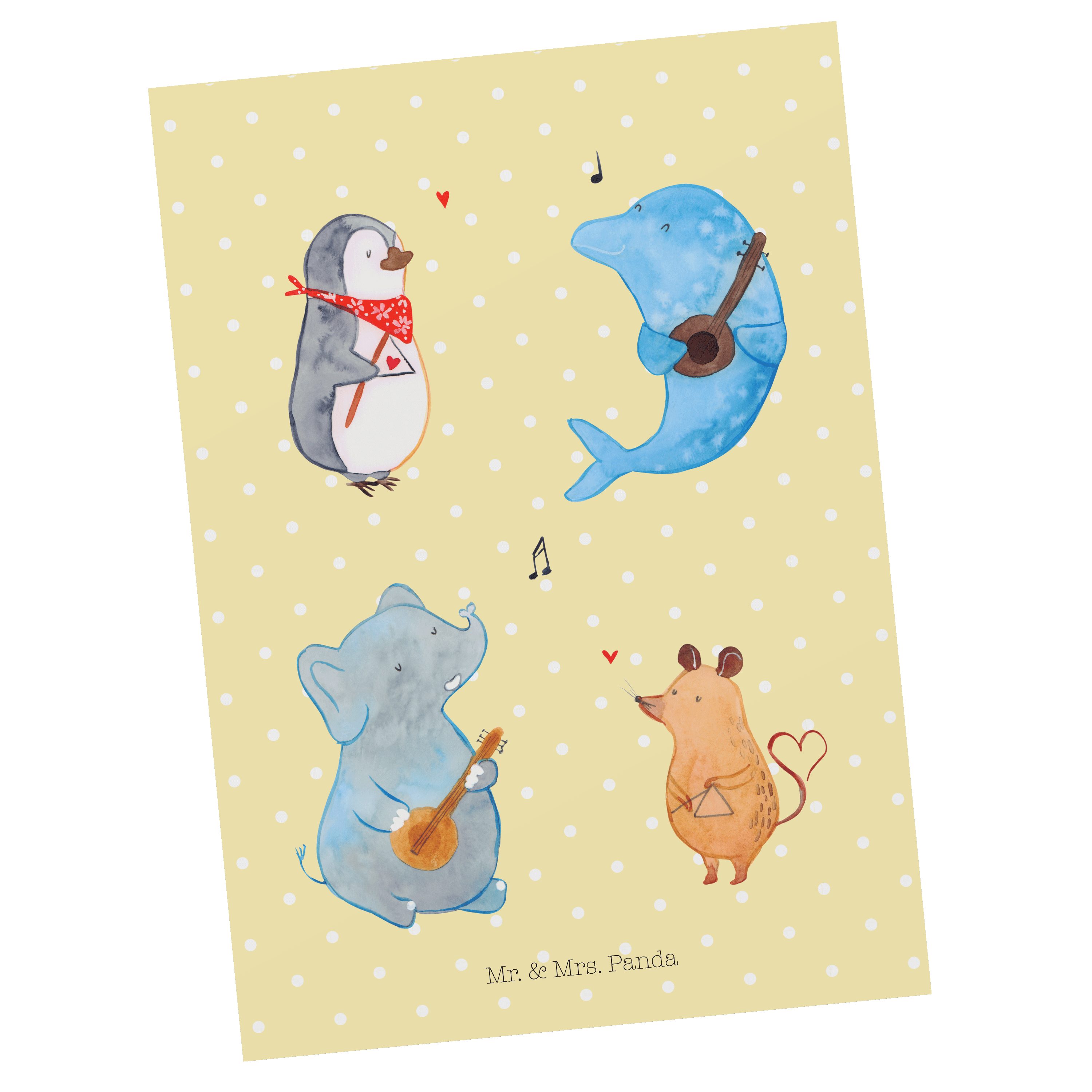 Mr. & Mrs. Panda Postkarte Big Band - Gelb Pastell - Geschenk, Tiermotive, Geburtstagskarte, Mus