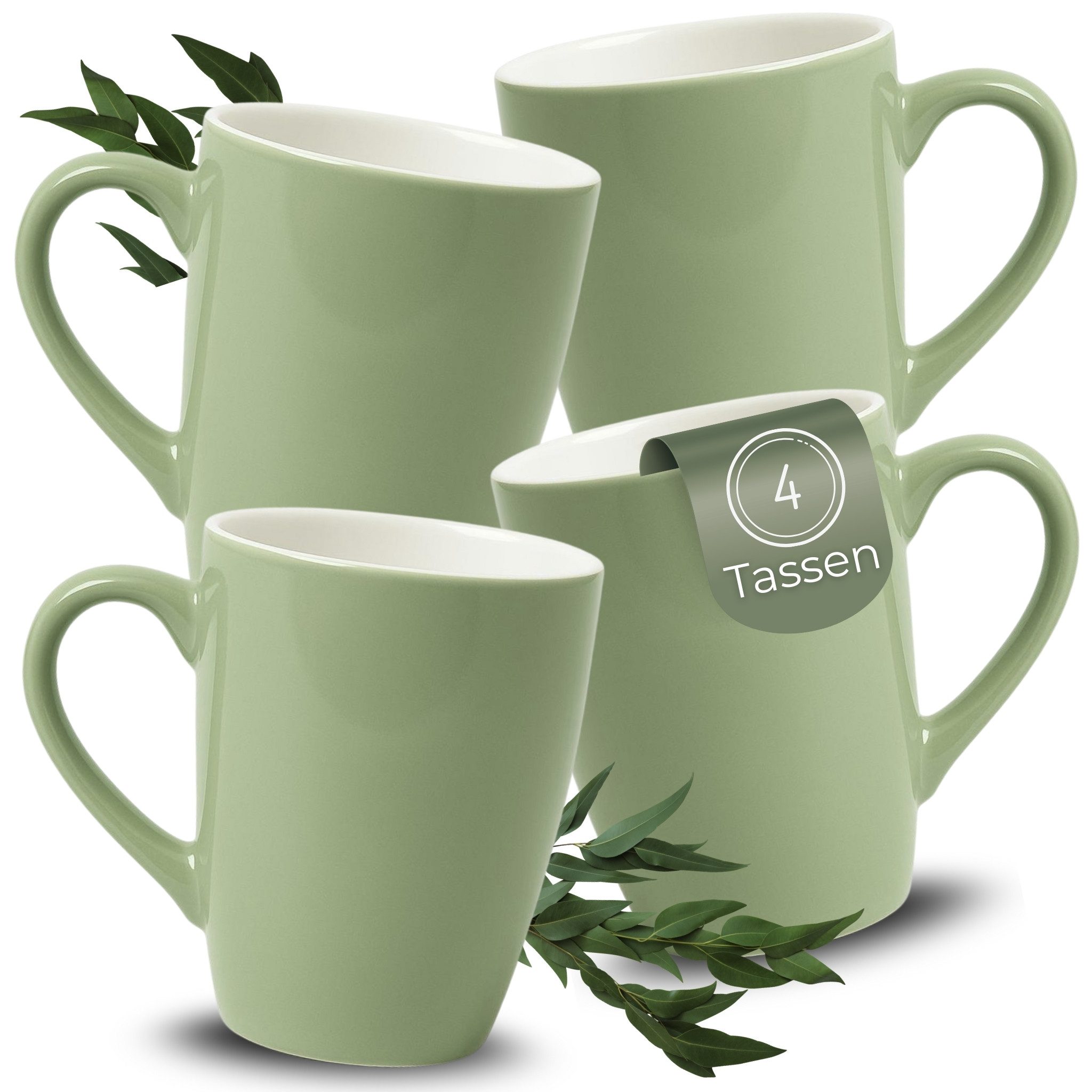 matches21 HOME & HOBBY Tasse Kaffeetassen 4er Set aus Keramik 340ml, Teetassen in Salbeigrün, 4-tlg., Keramik, Moderne Kaffeebecher Spülmaschinenfest & Mikrowellengeeignet