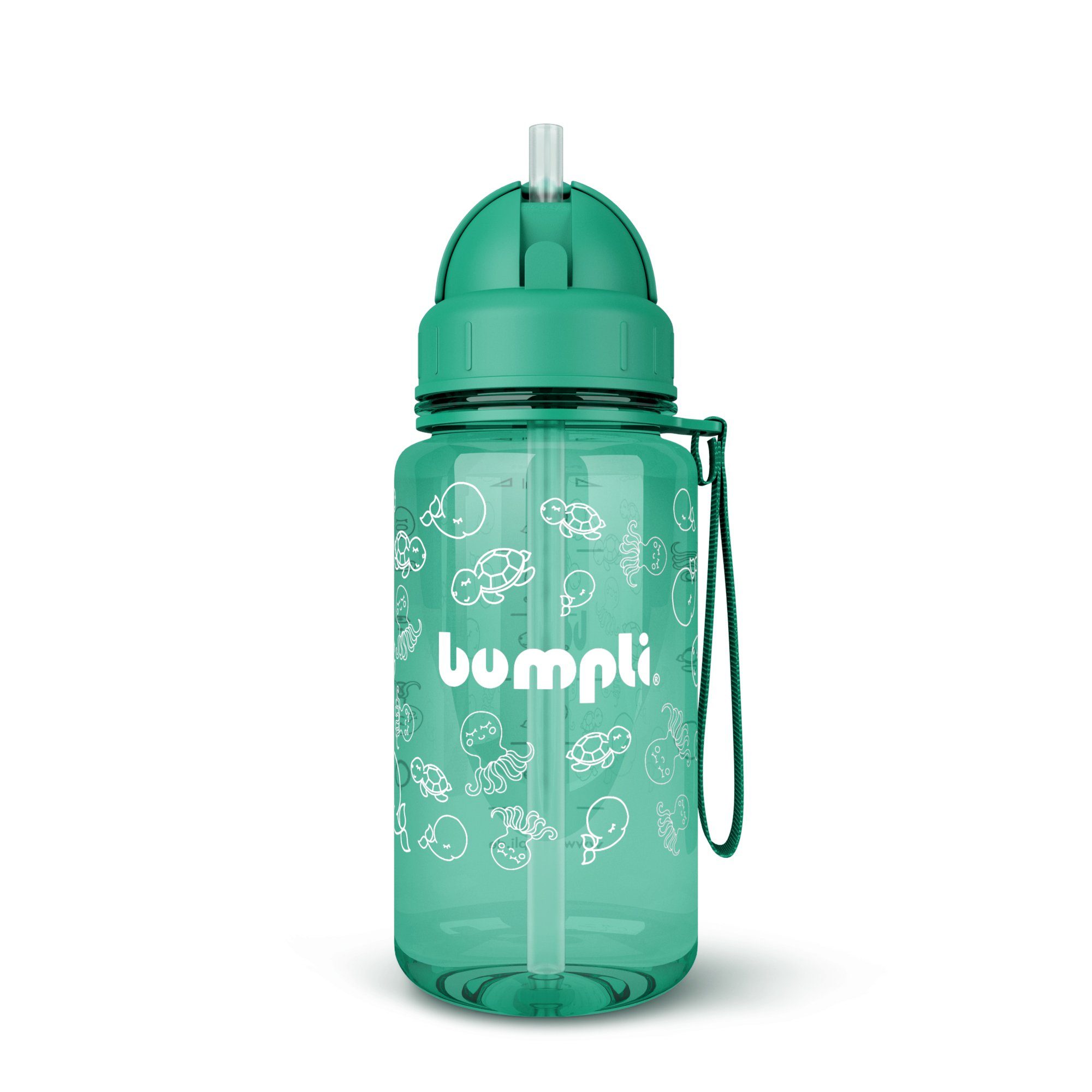 bumpli® Trinkflasche Kinder Trinkflasche auslaufsicher, 350ml Dunkelgrün BPA-frei, Wasserflasche, Fruchtsieb +Strohhalmdeckel, spülmaschinenfest, Trageschlaufe