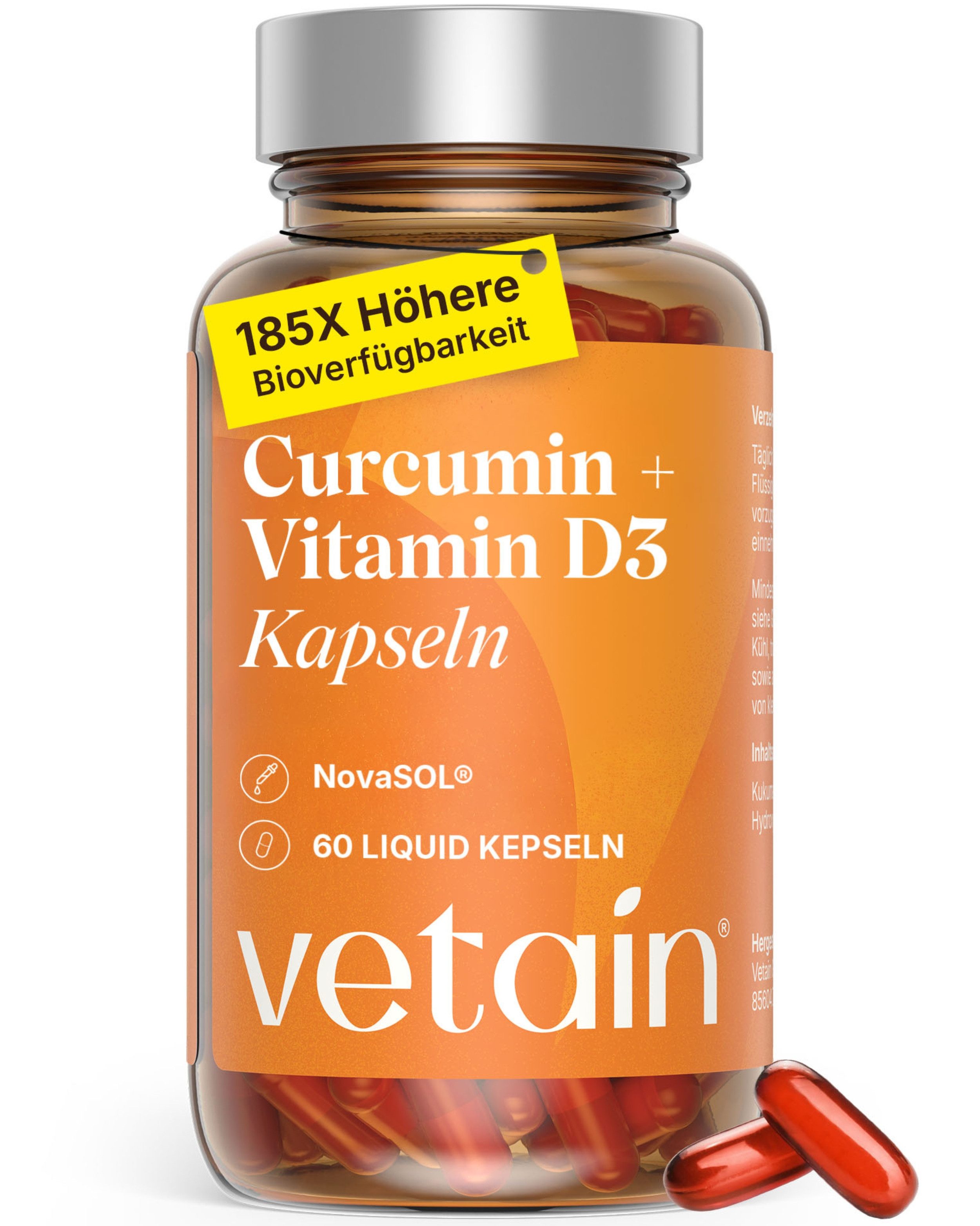 VETAIN Curcumin Kapseln - 185x höhere Bioverfügbarkeit - NovaSOL Curcumin Kapseln, Flüssig-Kapseln à 60 St., 36 g, Optimierte Mizell-Form