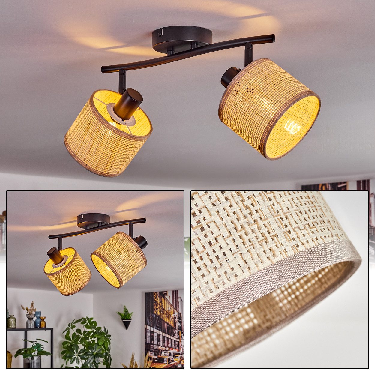 hofstein Deckenleuchte Boho-Style Deckenlampe a. Metall/Papiergeflecht in Schwarz/Natur/Beige, ohne Leuchtmittel