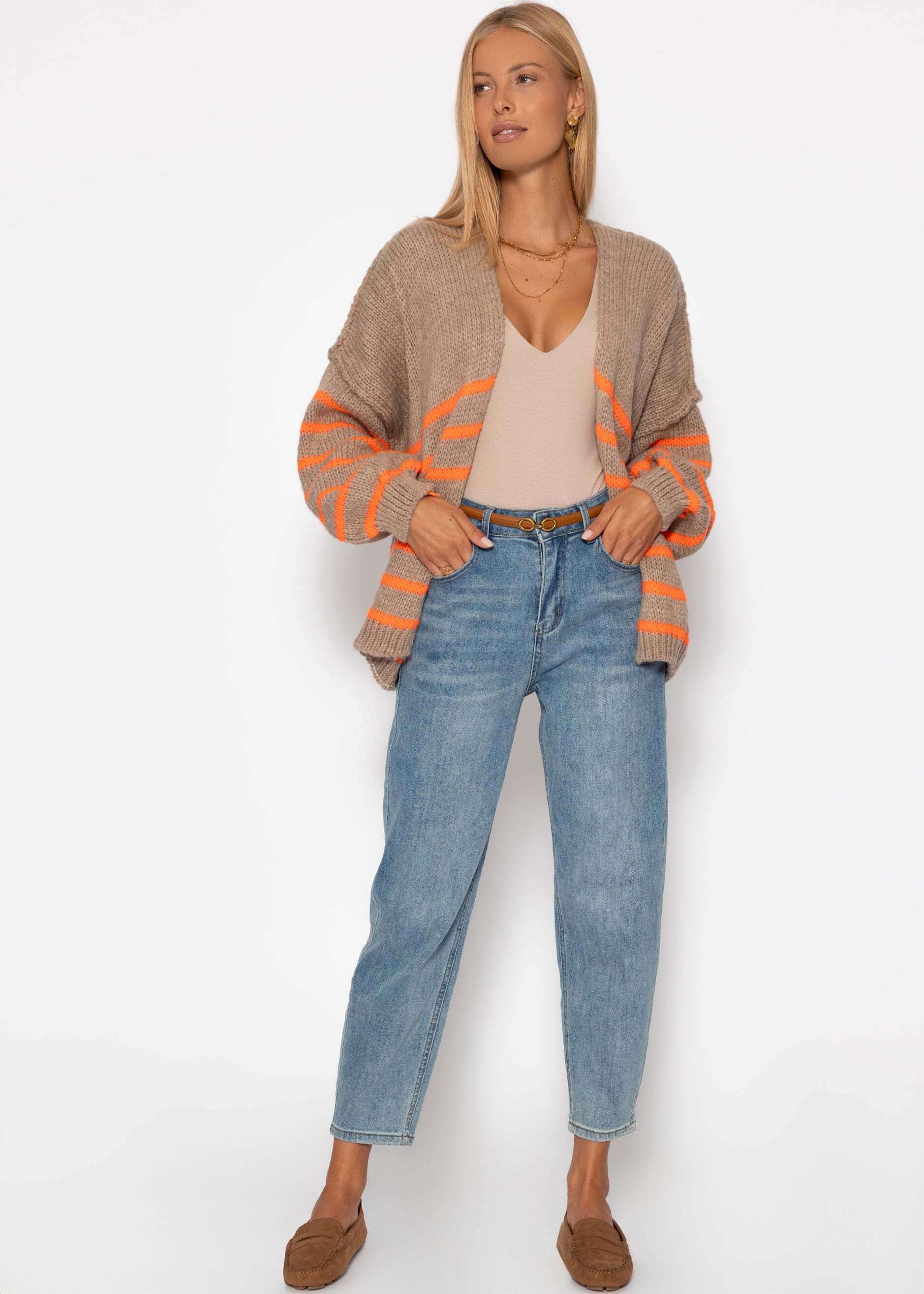 SASSYCLASSY Cardigan Gestreifter Cardigan mit Außennähten für Damen Weicher Cardigan aus Strick mit offenem Schnitt Beige Grau Schwarz