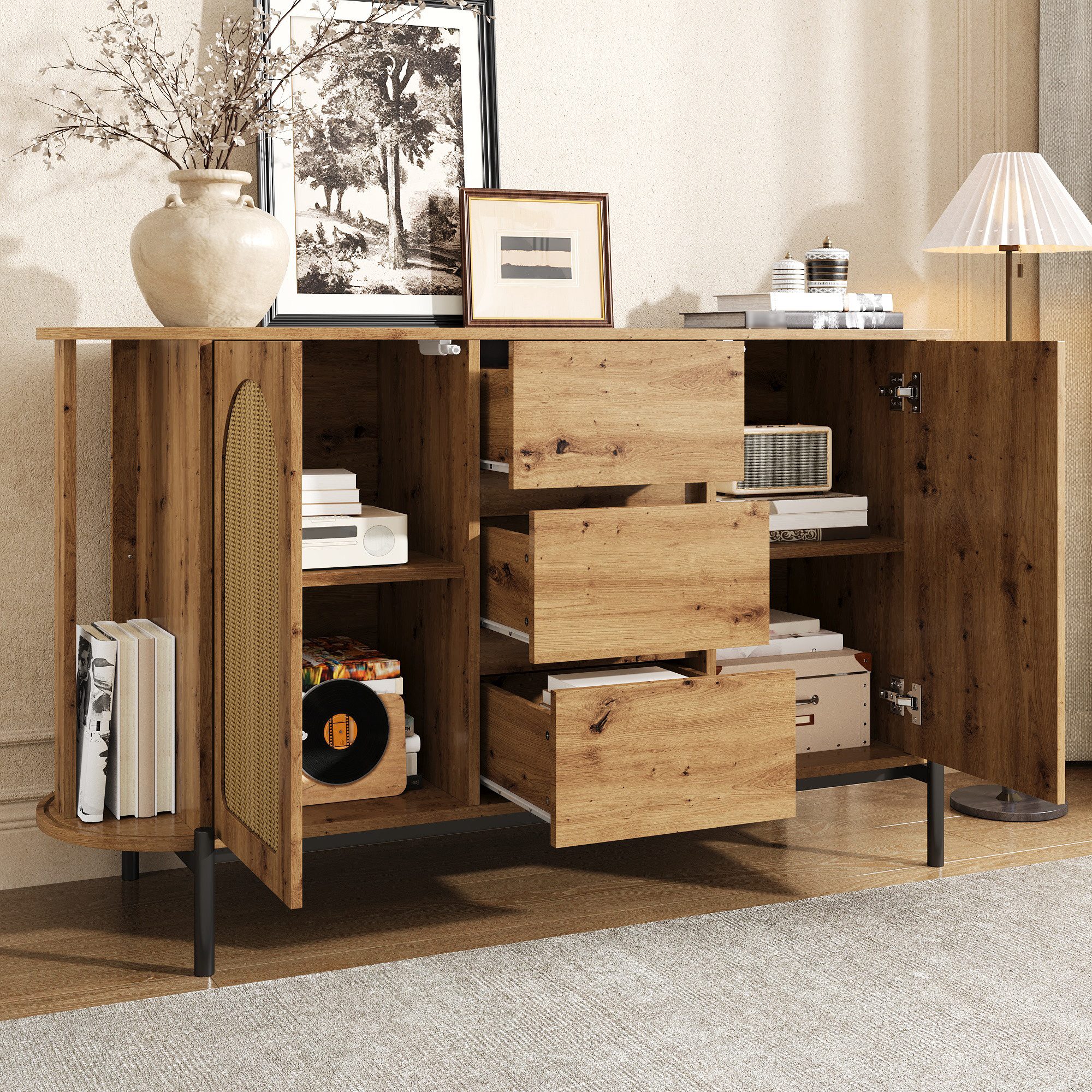 BlingBin Sideboard Beistellschrank mit Schiebetüren & Schubladen, Kommode für Wohnzimmer (1er Set, 1 St., Gesamtabmessungen: 140*38*77,5cm, Gewichtskapazität: 40kg), Anrichte mit Verstellbare Fächer für Esszimmer, Holzoptik, Natur