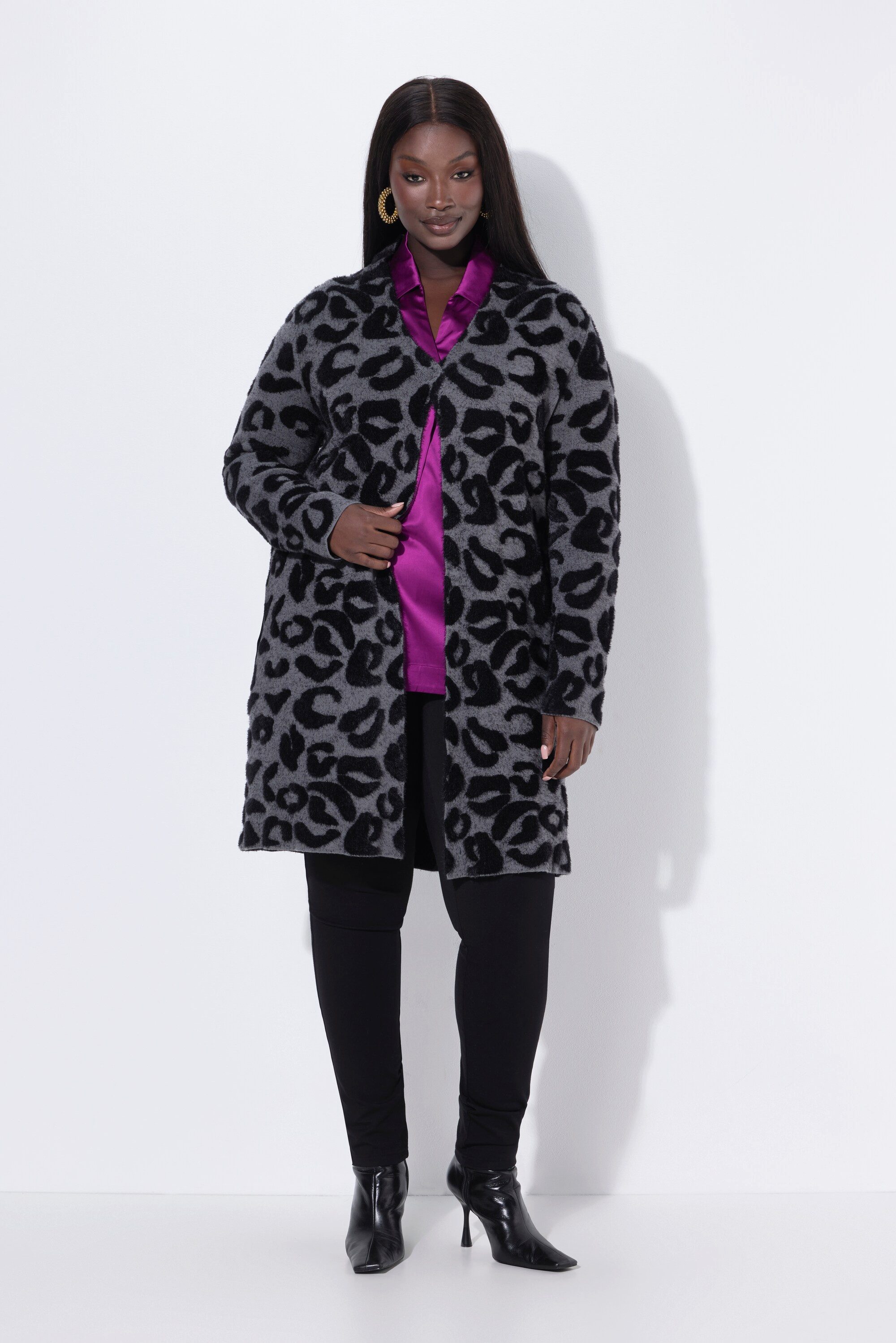 Ulla Popken Strickjacke Long-Strickjacke Leomuster Stehkragen günstig online kaufen
