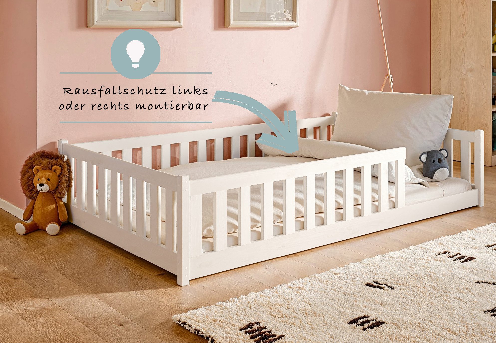 Kids Collective Kinderbett Bodenbett Bett mit Rausfallschutz & Lattenrost Montessori Bett Kinder (Jungen, Mädchen, Kinder, weitere Größen 80x160, 80x180, 90x190 – Bild 4 von 5