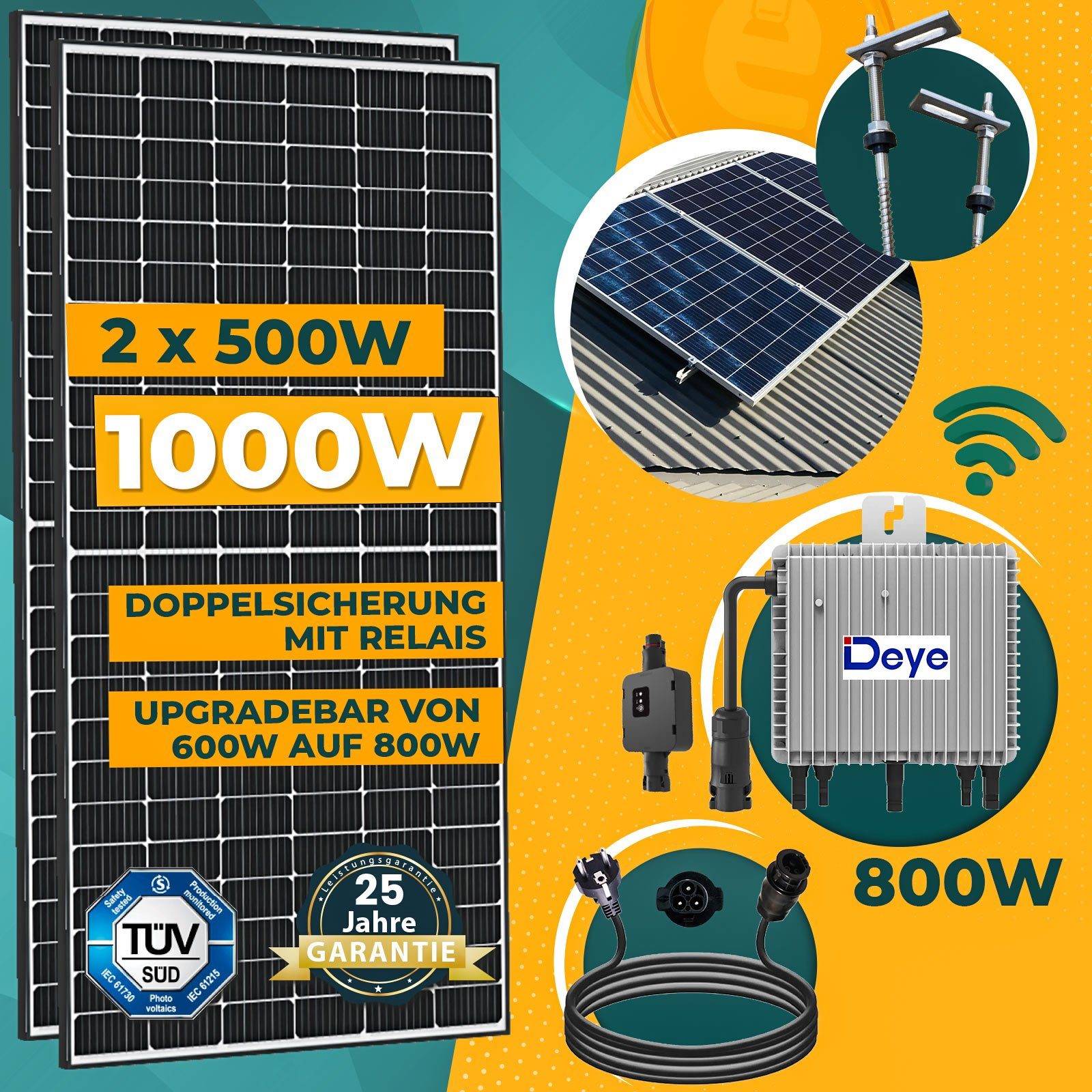WIFI PV-Montage 800W mit und Deye Relais, 10M Solaranlage Balkonkraftwerk Generation Schuko Solarmodule, Stecker Neu Stockschrauben inkl. Wechselrichter Komplettset 1000W enprovesolar 500W
