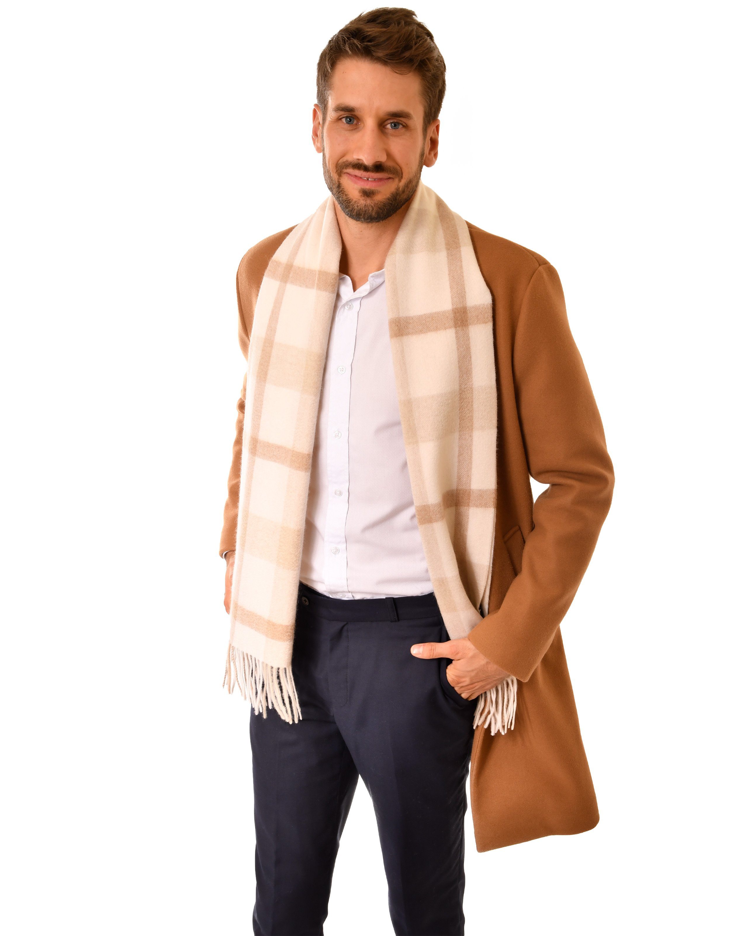 MayTree Kaschmirschal Unisex, 180 x 30cm, mit Fransen, kariert Hellbraun Weiss, (Stück, 1-St), 100% Kaschmir