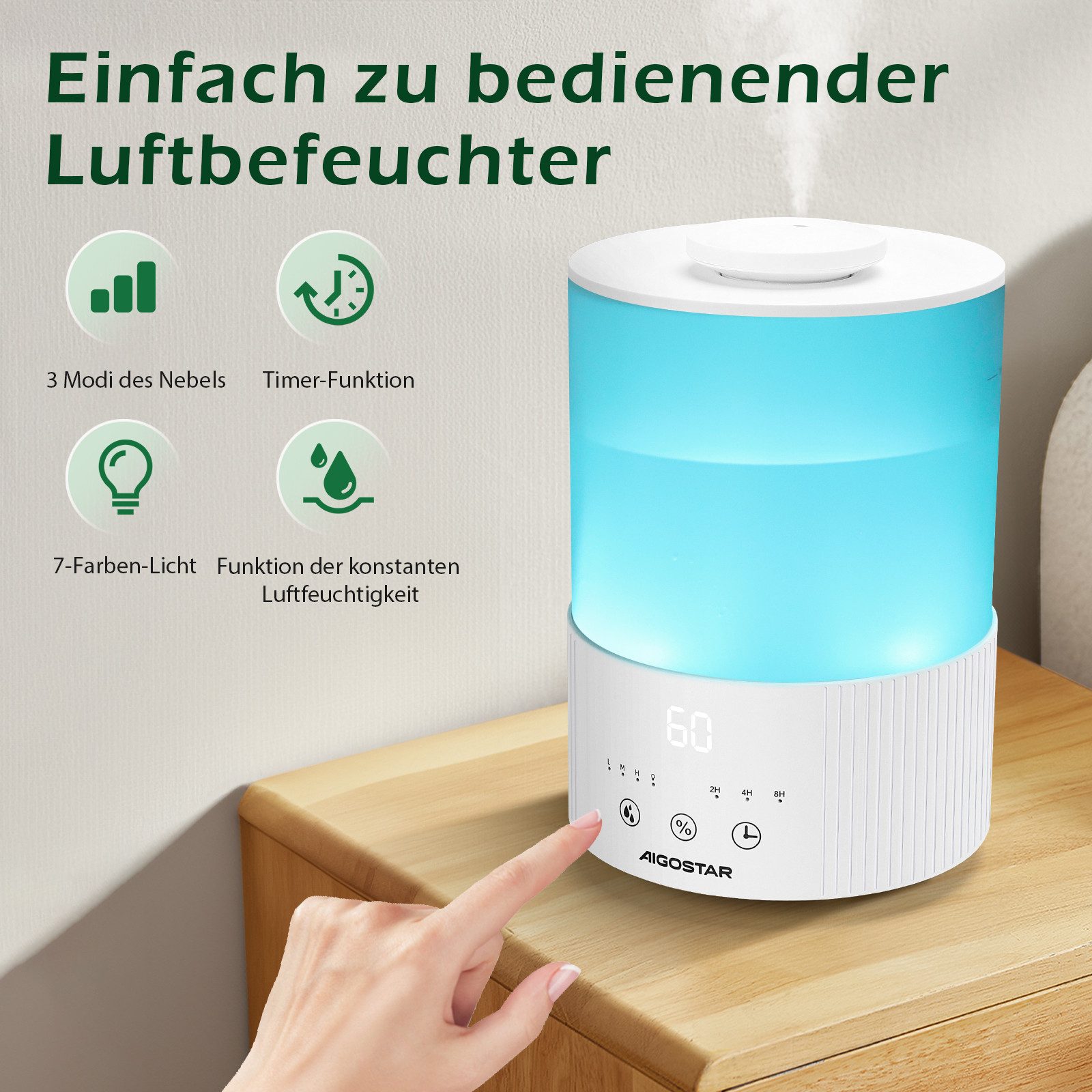 Aigostar Luftbefeuchter leise Ultraschall-Luftbefeuchter für Schlafzimmer 7 günstig online kaufen