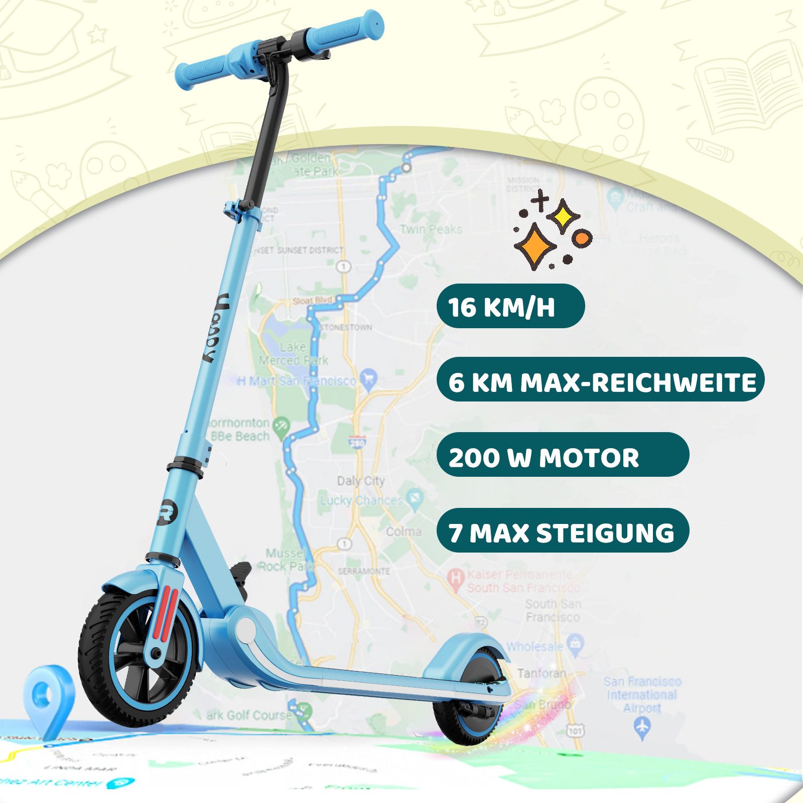 RCB Elektro-Kinderroller R11S für Kinder, max. 16 km/h, Verstellbarer Geschwindigkeit und Höhe