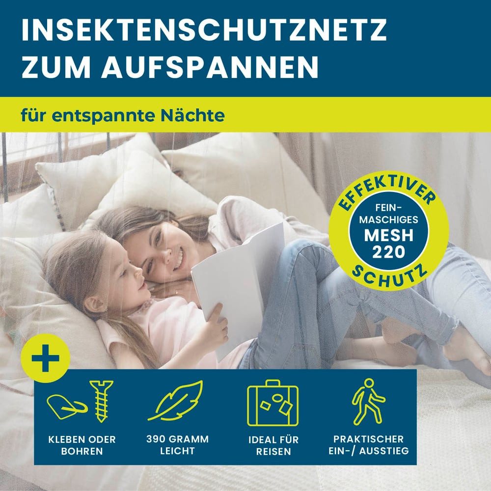 Hoberg Moskitonetz Insekten-Baldachin 60x1200x250cm weiß, Fliegengitter Mücken Schutz Einzel- und Doppelbetten