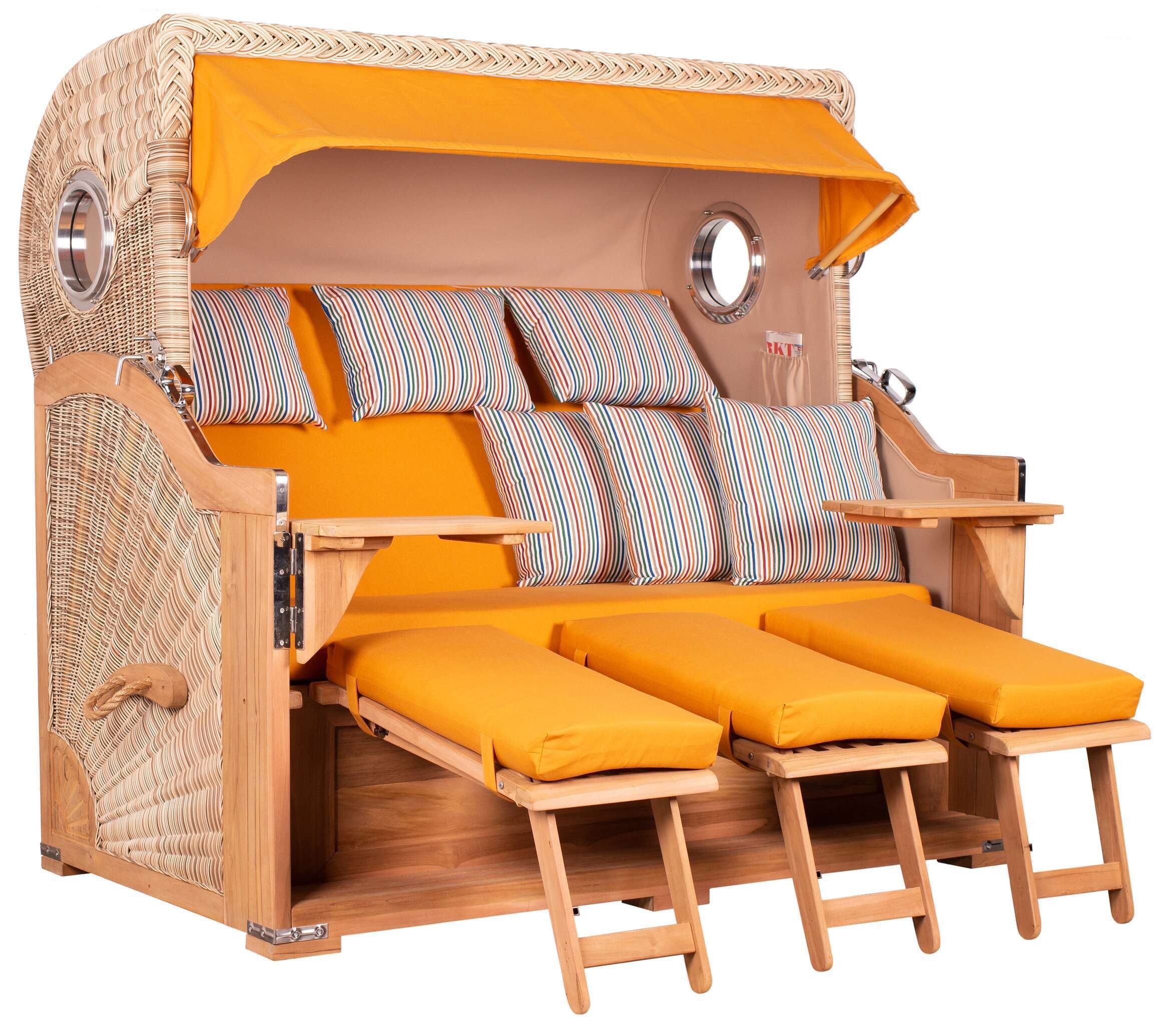 MR.DEKO Strandkorb XXL Dreisitzer Teak Shell PE-Geflecht mit Bullaugen 170x95x170cm, BxTxH: 170x95x170 cm, XXL, Baltikum XXL, (Fertig montierter großer Strandkorb für Garten & Terrasse, 1-tlg), Wetterfester Volllieger mit Edestahlbeschlägen & waschbaren Polstern