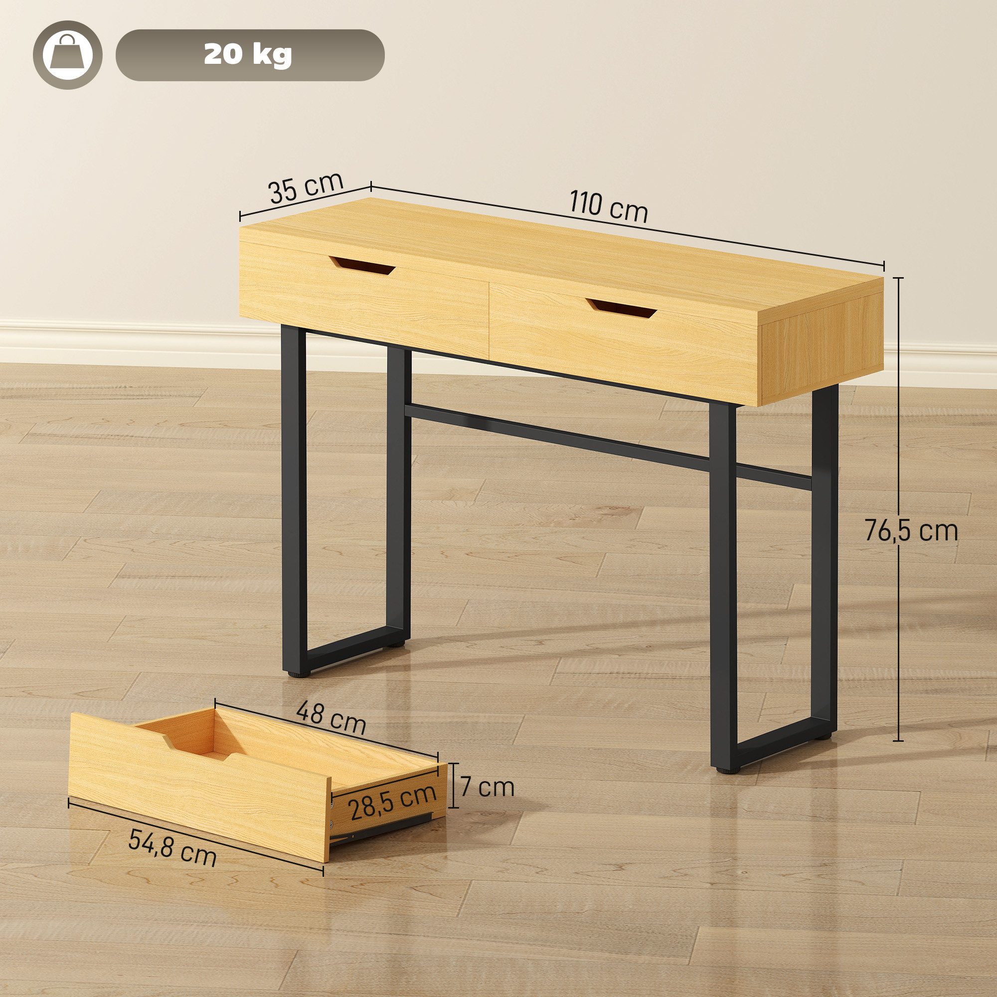 HOMCOM Konsolentisch Konsolentisch mit Industrie-Design, für Flur Wohnzimmer, Natur (Flurtisch, 1-St., Beistelltisch), Schmal, 2 Schubladen, Metallrahmen