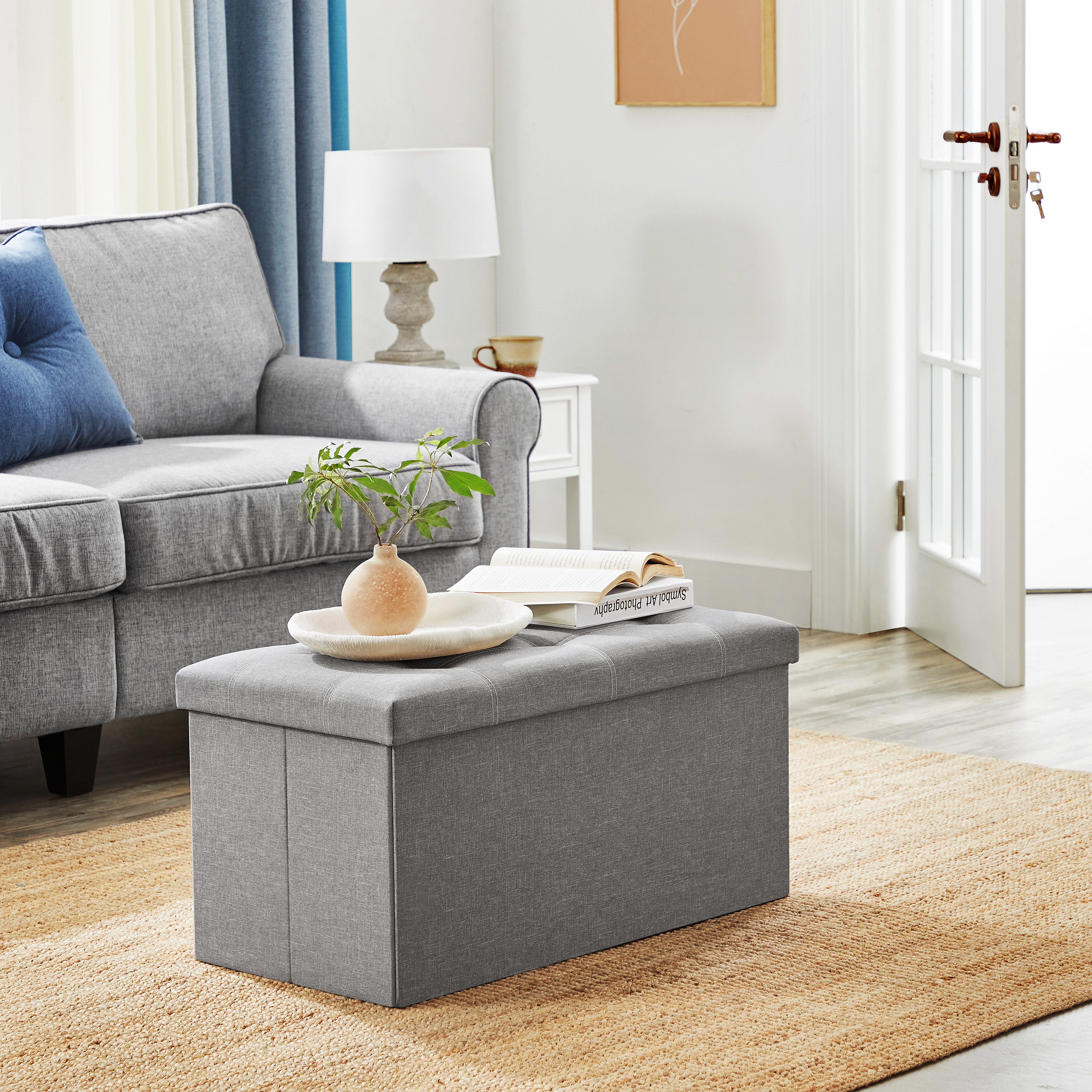 SONGMICS Sitzbank Sitztruhe, Sitzhocker, faltbar, für Schlafzimmer, Flur, Wohnzimmer, mit Stauraum, 76 x 38 x 38 cm, Bezug aus Leinenimitat, hellgrau