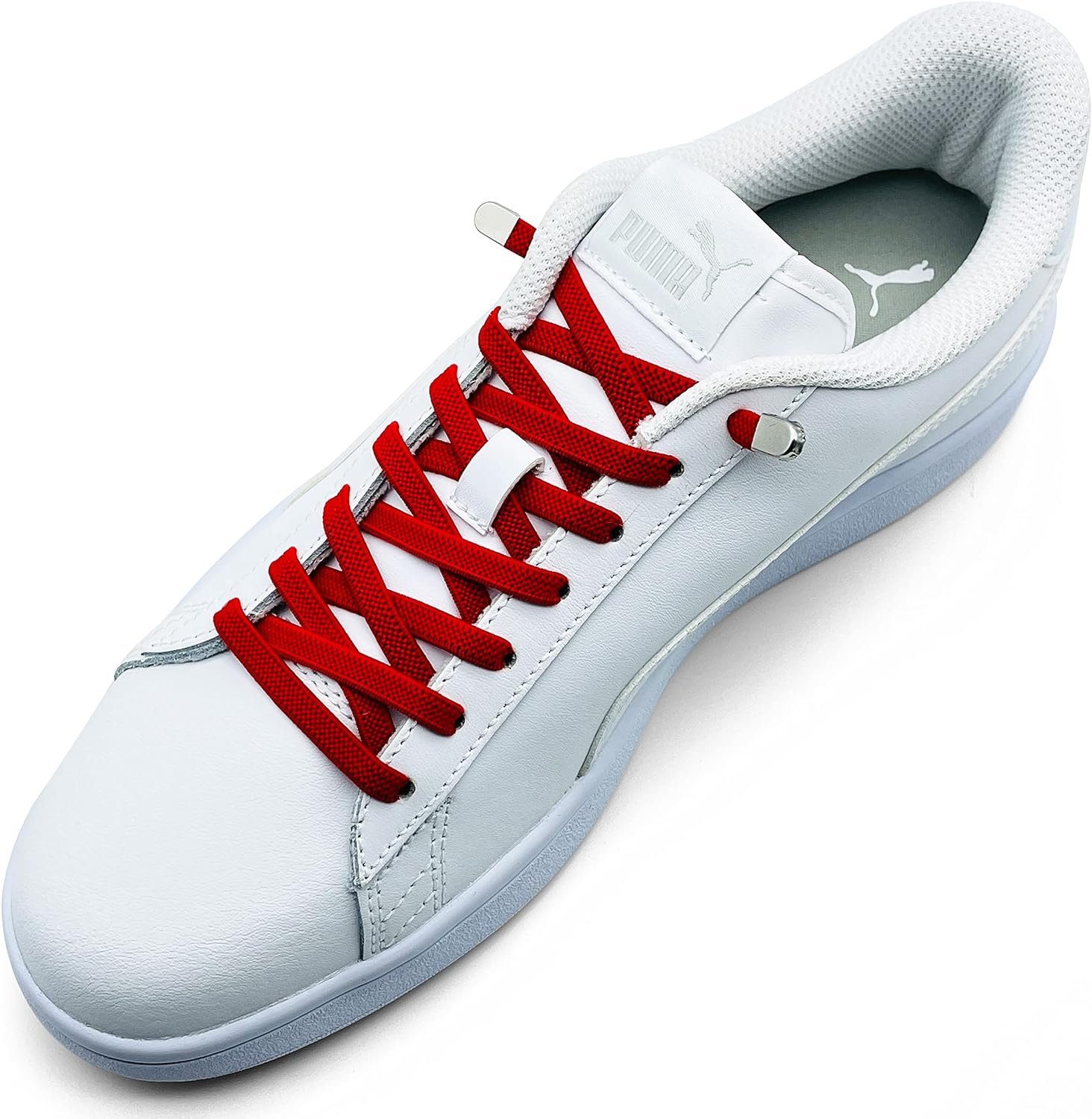 ELANOX Schnürsenkel 4 Stück für 2 Paar Schuhe elastische Schnürsenkel mit Clips, inkl. Enden (Clips) - 8 St. in silber rot