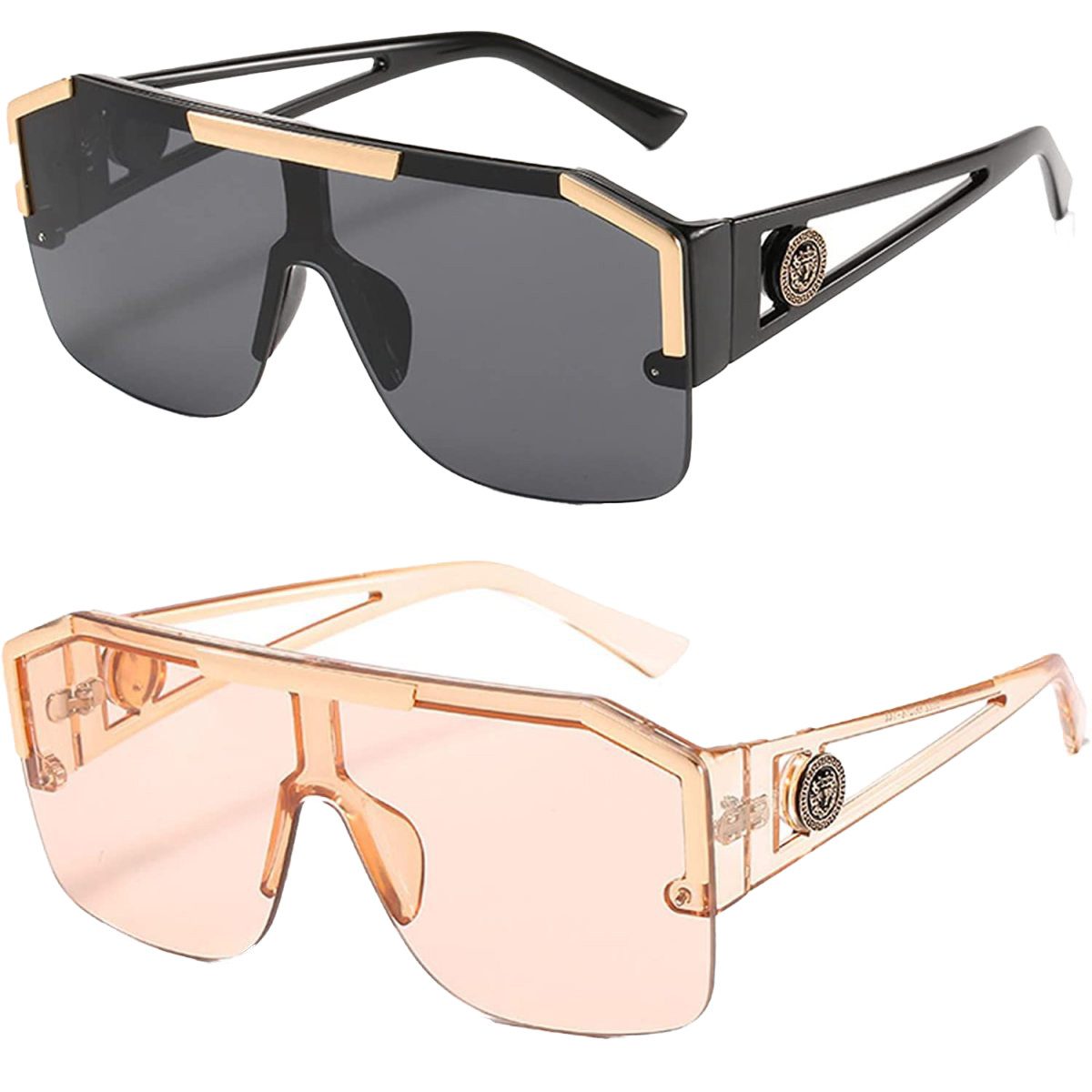 Rnemitery Sonnenbrille Vintage Flat Top Sonnenbrille Groß Unisex Halbrahmen UV-Schutz Brille (2-St)