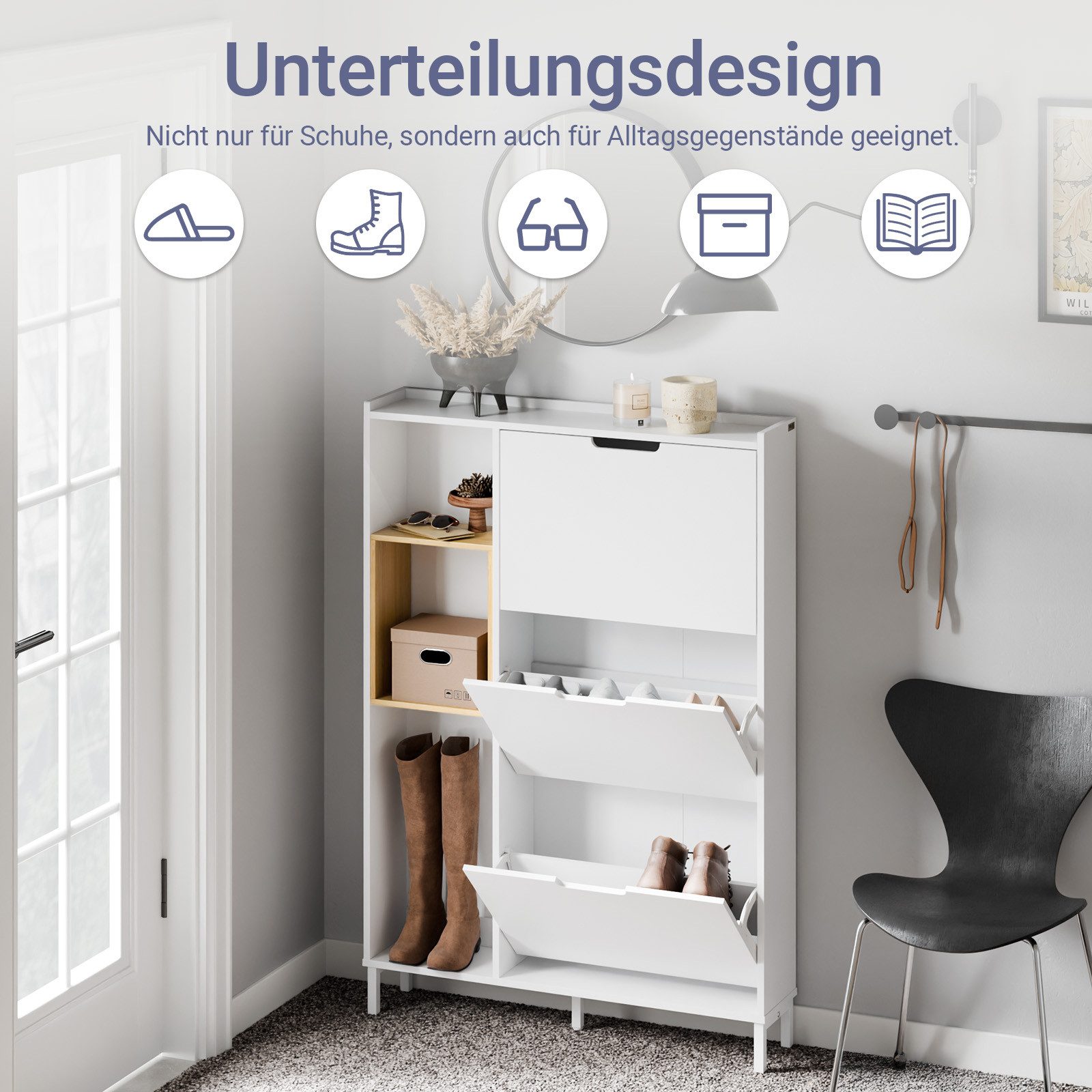 SoBuy Schuhschrank FSR209, Schuhkipper mit 3 Klappen, Schuhregal Schuhablage Schuhkommode Schuhschrank schmal, mit 3 Klappen, zusätzlichen Fächern, Bambus, Holz