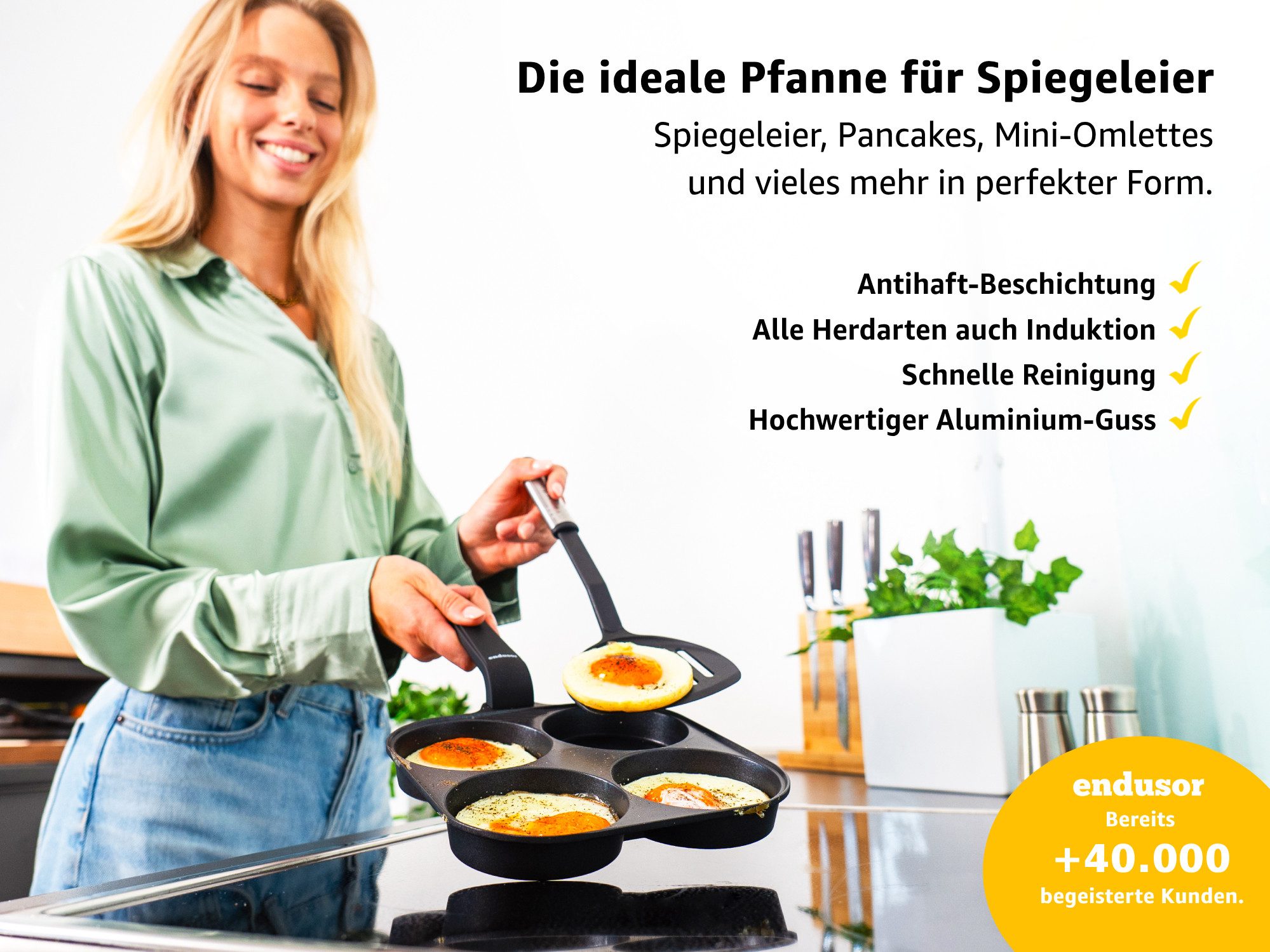 endusor Bratpfanne Spiegeleipfanne & Pancake Pfanne (21 cm), Aluminiumguss (inkl. Glasdeckel, Alle Herdarten auch Induktion), Antihaft-Beschichtung & Eisenkernboden für Spiegelei, Pancakes & Mehr
