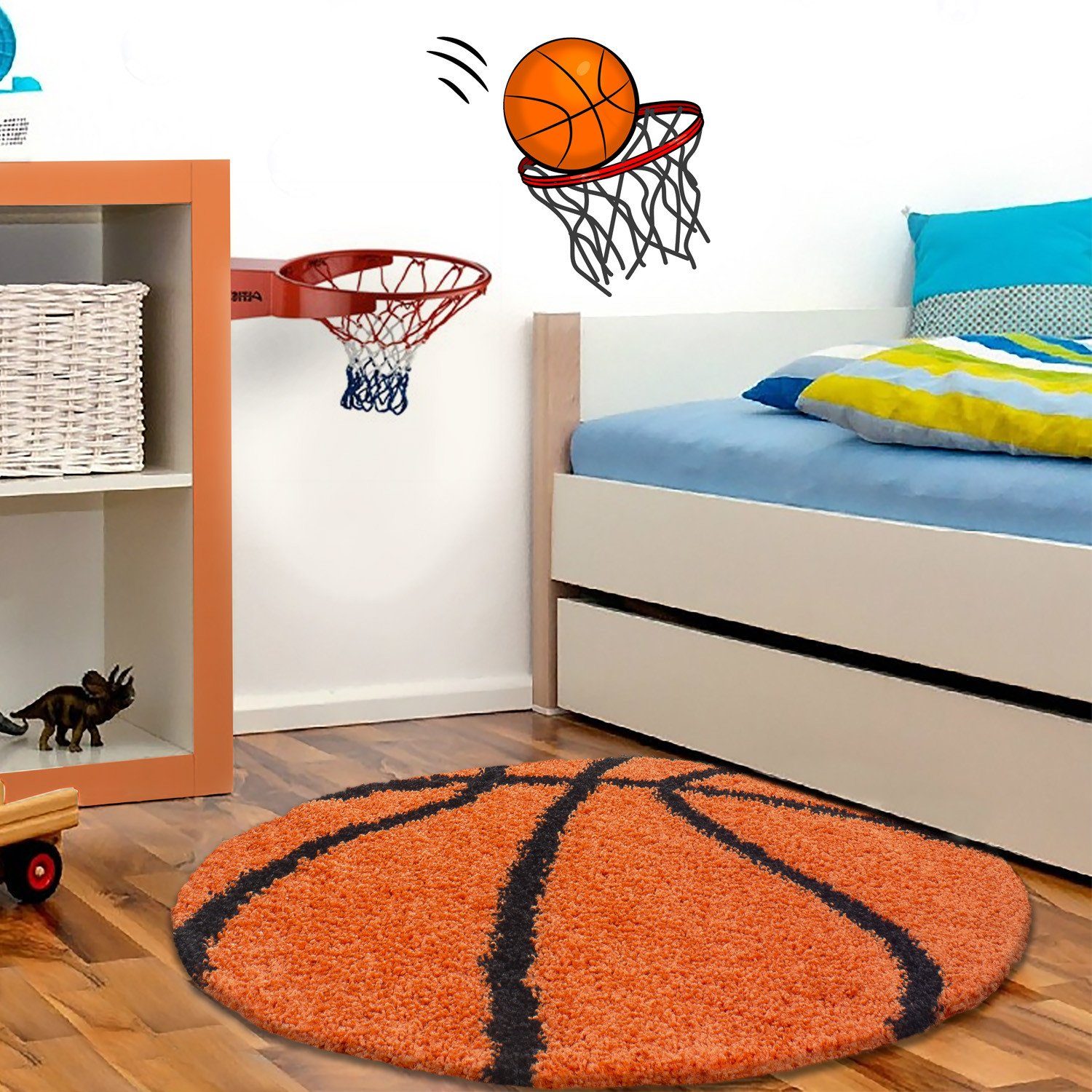 Stilvoll Günstig Kinderteppich in Orange fürs Kinderzimmer mit Basketball-Design, Rund, Höhe: 30 mm – Bild 2 von 4