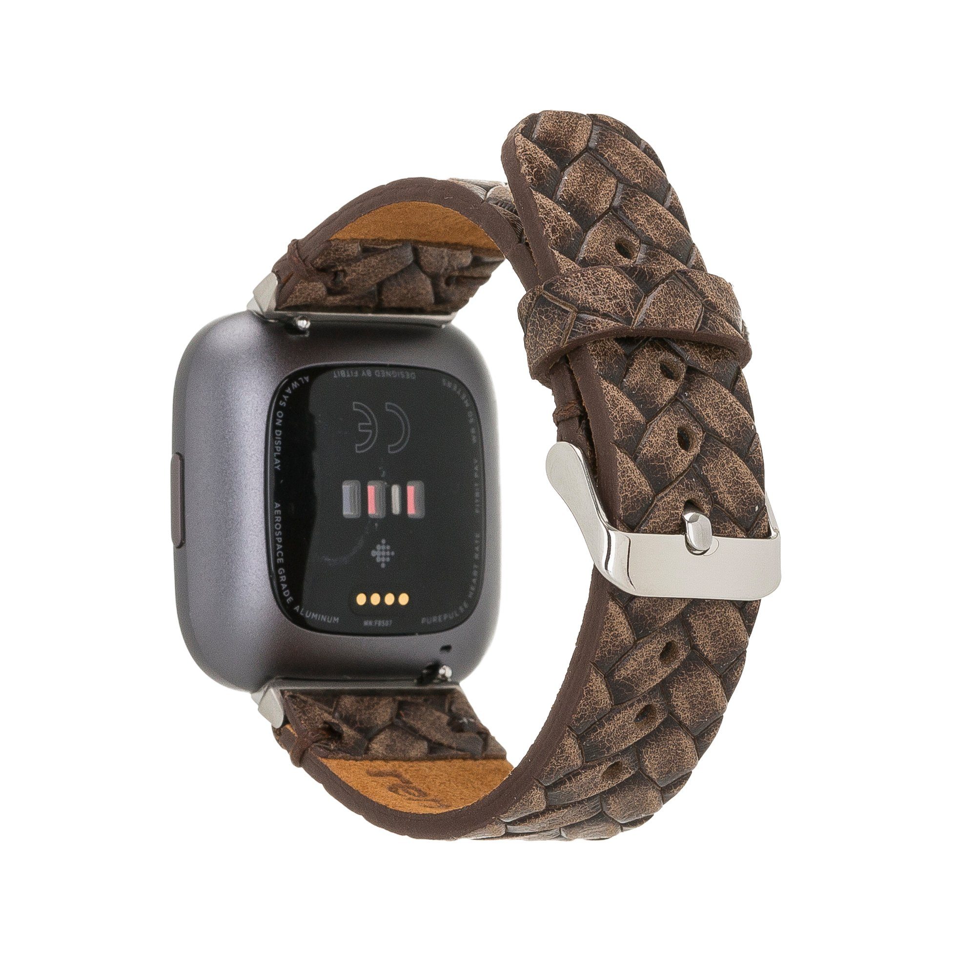 Renna Leather Smartwatch-Armband Fitbit Versa 4 / 3 / Sense & 2 Armband Echtes Leder Ersatzarmband Braun Geflochten