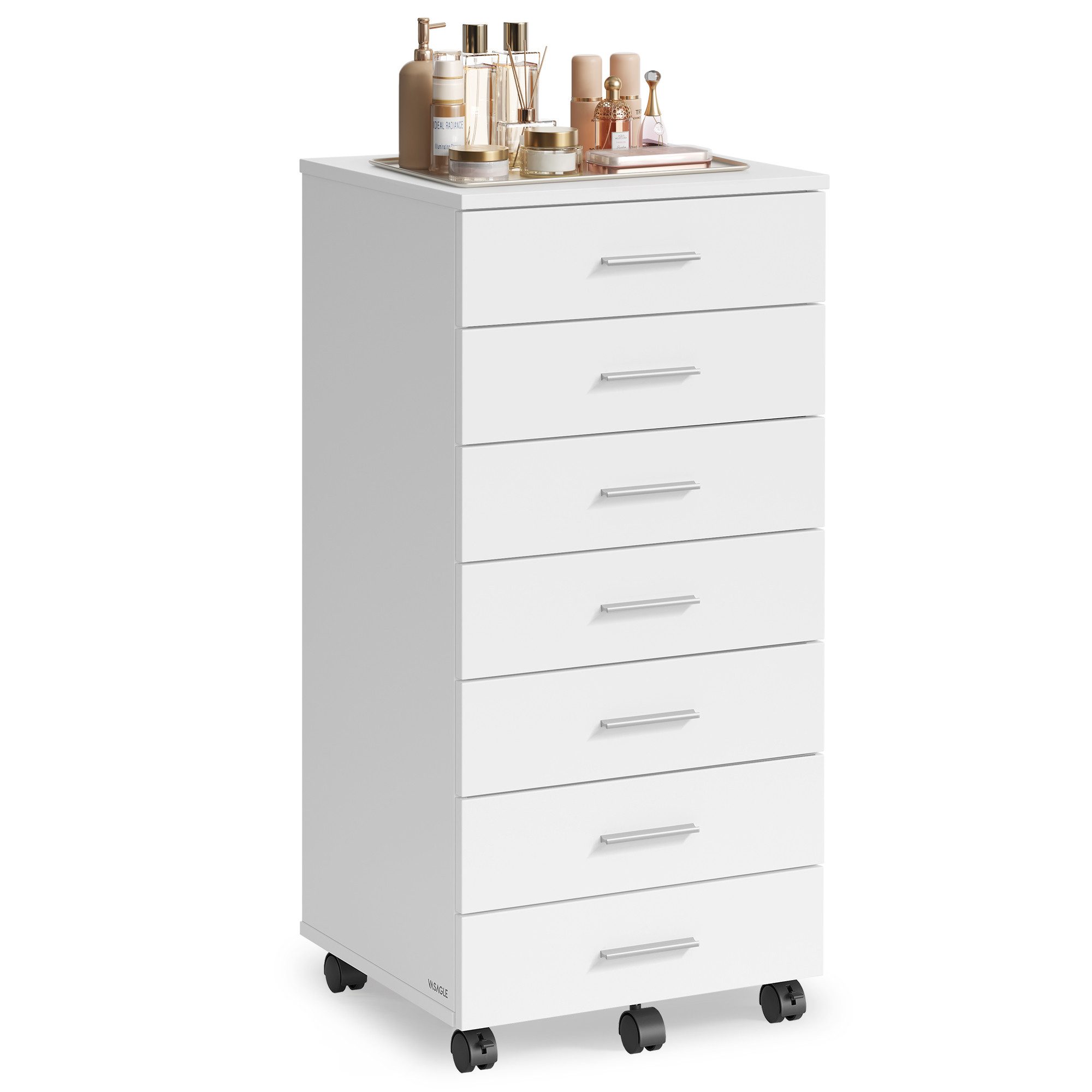 VASAGLE Rollcontainer mobiler Aktenschrank, Schubladenschrank, Druckerständer mit 7 Schubladen, mit schraubenlosen Gleitschienen