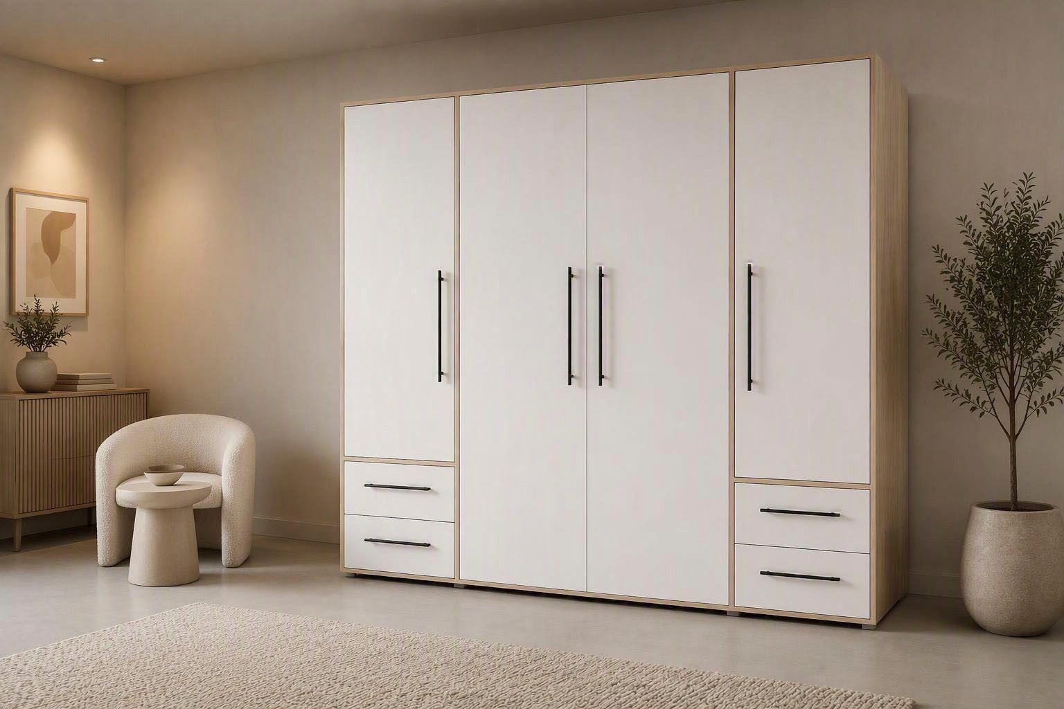 FORTE Kleiderschrank Mokkaris, Garderobe, zeitloses Design, 4 Türen, Made in Europe (B/H/T ca. 206x200x59cm) 4 Schubladen + schwarze Stangengriffe, Made in Europe, viel Stauraum