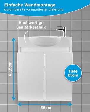 Alpenberger Waschbecken mit Badschrank - Hochglanz Weiss Bad Set Vormontiert (2-tlg., 2-St., Badmöbel Set für Bad & Gäste WC), Vormontierter Bad Hängeschrank - stilvoller Waschplatz pflegeleicht