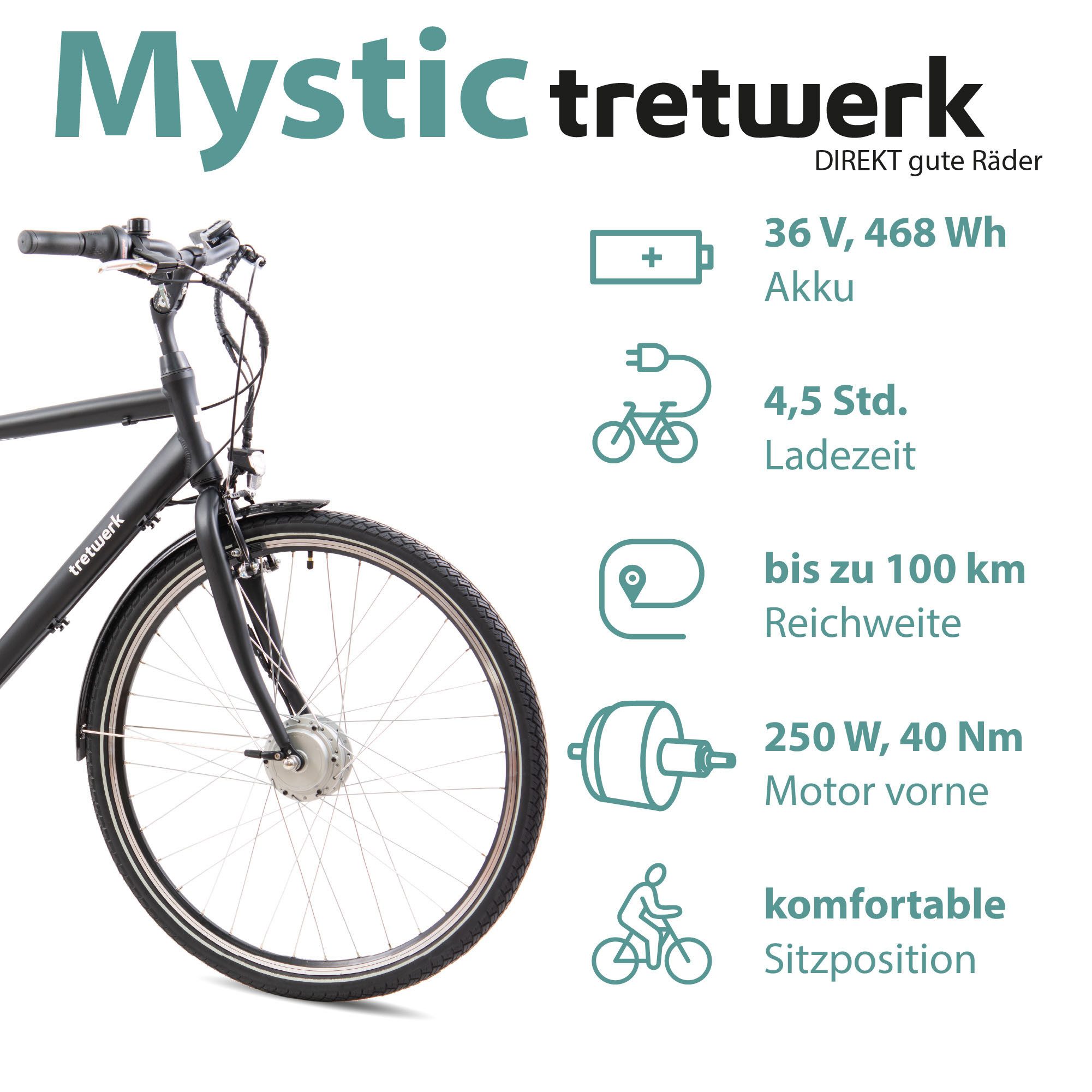 Tretwerk E-Bike Trekkingrad Mystic, 7 Gang, Nabenschaltung, Frontmotor, 468 Wh, Pedelec, Elektrofahrrad für Damen u. Herren