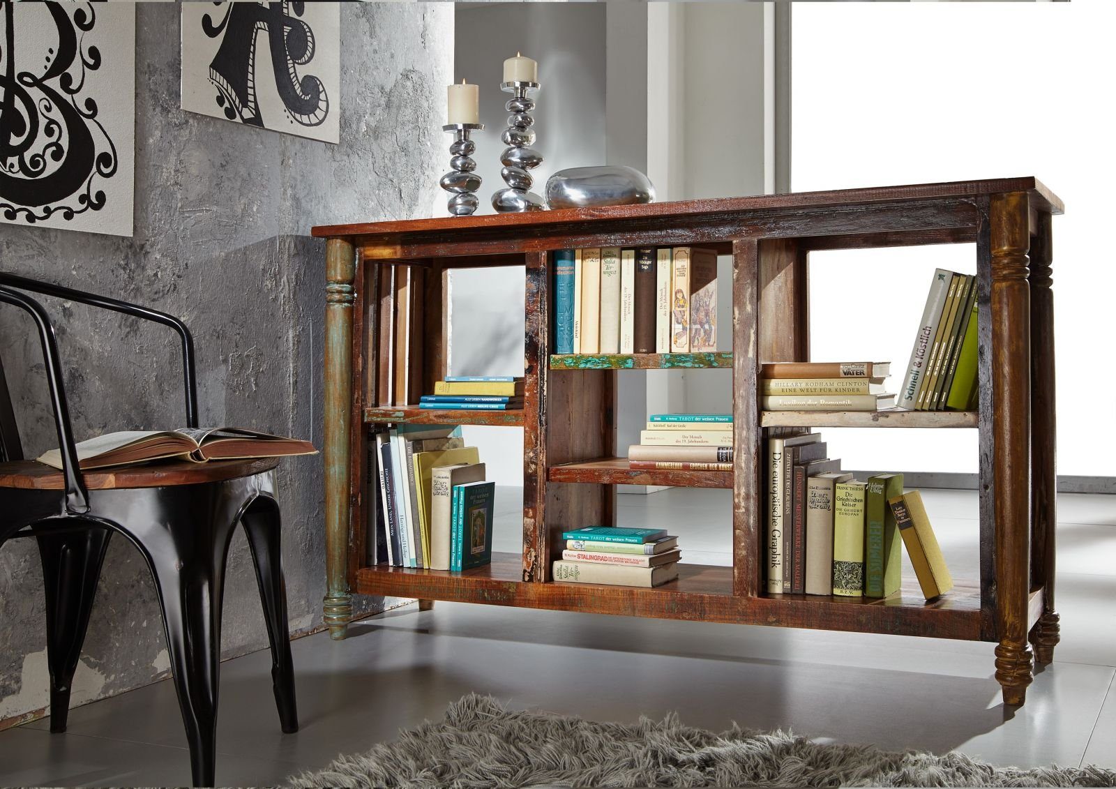 Massivmoebel24 Bücherregal FABLE, 1-tlg., Regal Altholz 150x45x90 mehrfarbig lackiert FABLE #15