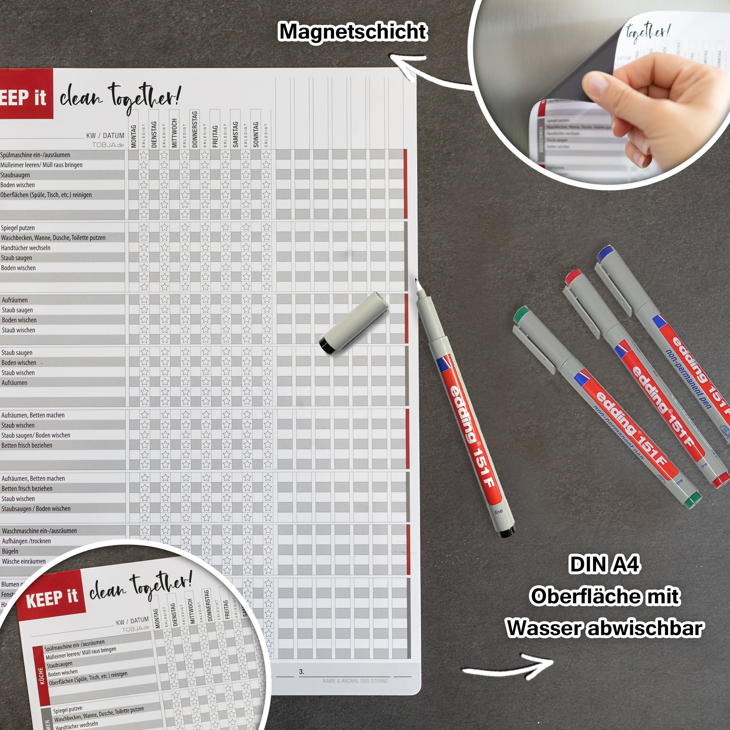 TOBJA Magnettafel A4 Haushaltsplaner magnetisch inkl. 4 Markenstifte, Aufgabenplaner Familie WG Whiteboard abwischbar