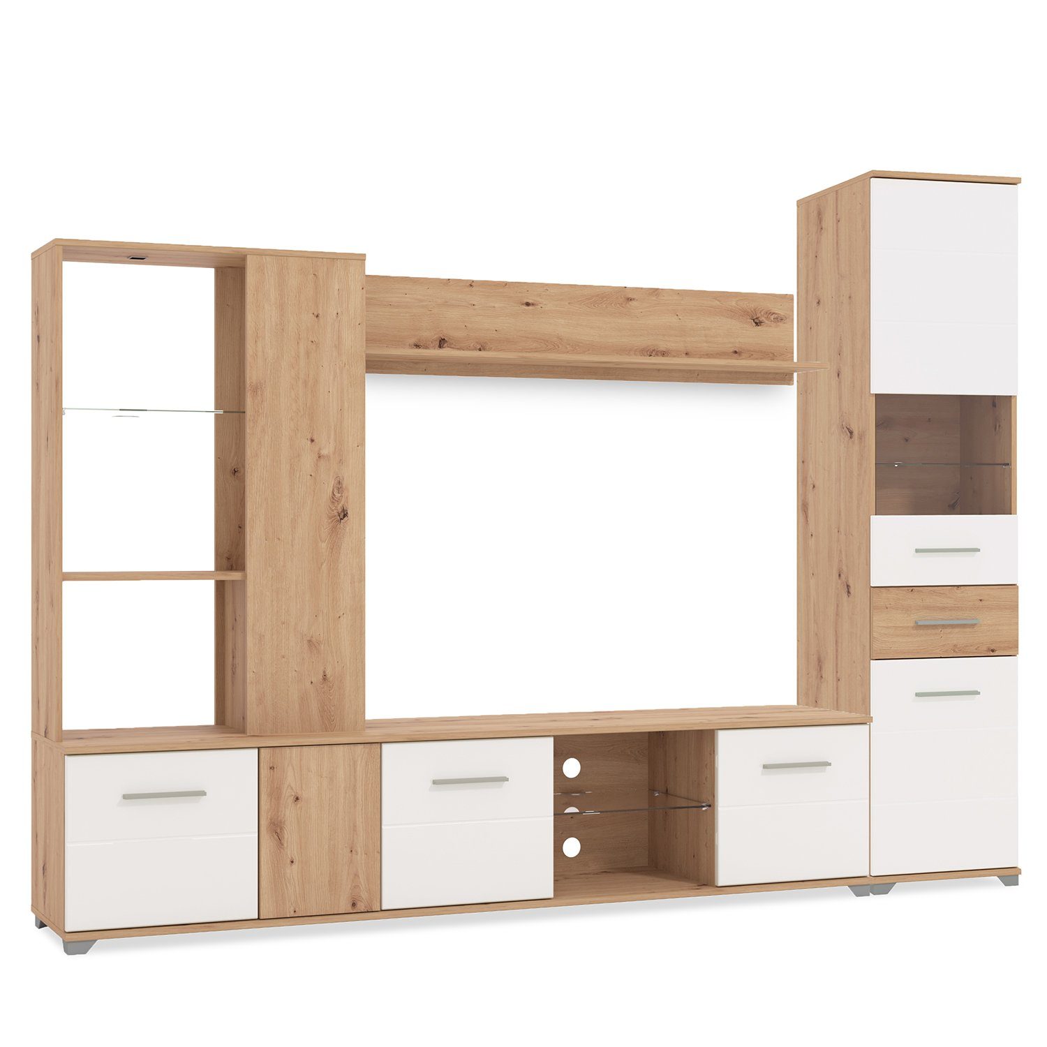 Homestyle4u Wohnwand Schrankwand Anbauwand Weiß Holz Hochglanz, Eiche (2-St)