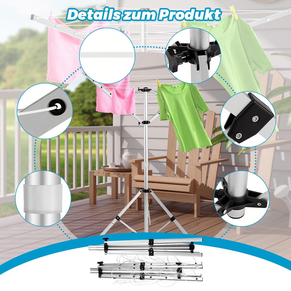 PFCTART Kleiderständer Faltbare Wäschespinne mit 15 m Leinenlänge, (Set, 1 St., Für Camping, Balkon & Garten – wäscheständer klein, ausziehbar), Leichtes Aluminium-Stativ – mobil, stabil & wäschespinne