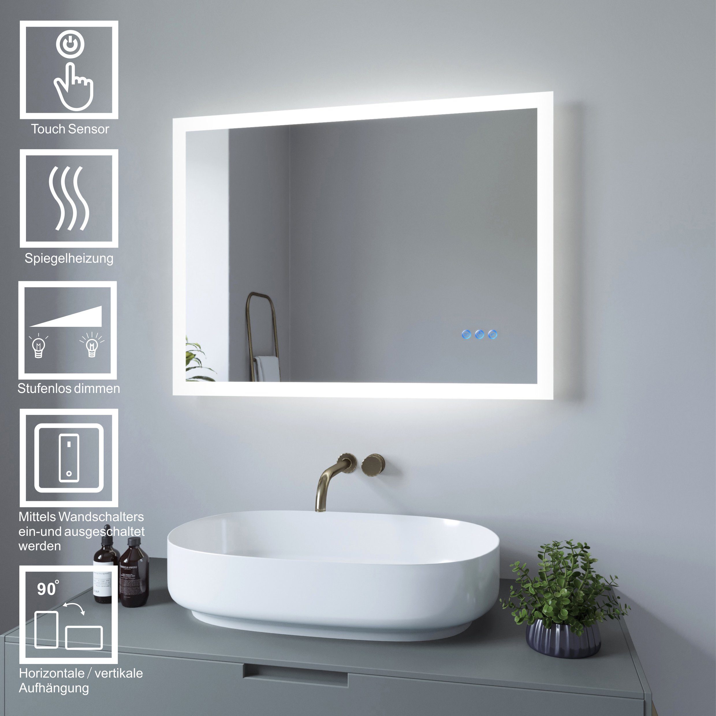 AQUALAVOS Badspiegel LED Badspiegel mit Beleuchtung Badezimmerspiegel mit  Beschlagfrei, 2 Lichtfarbe Warmweiß/Kaltweiß, Touch Sensor Wandspiegel