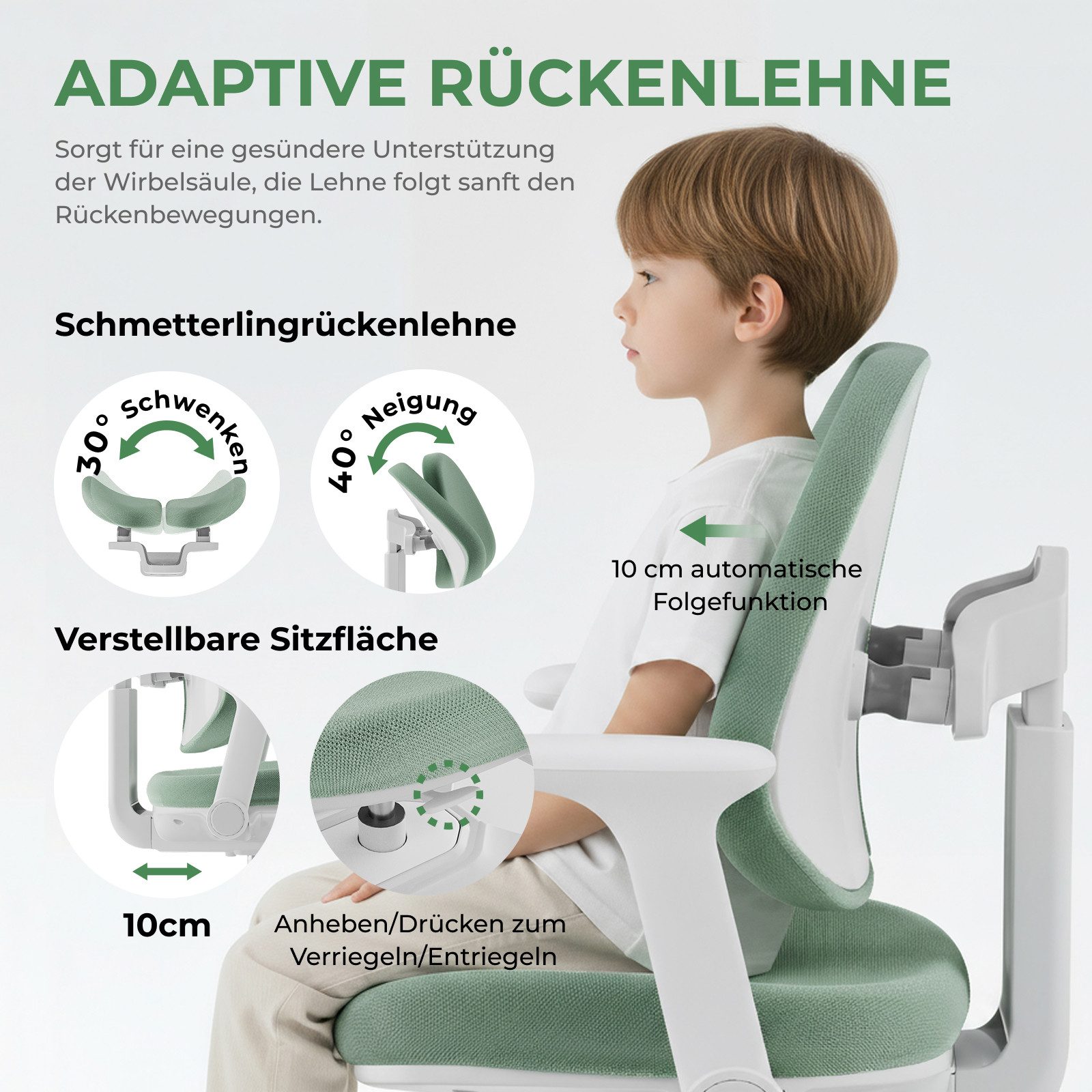 HOKO Kinderstuhl höhenverstellbar für Kinder & Jugendliche (Kinderschreibtischstuhl, mit verstellbarer, abnehmbarer Fußstütze und klappbaren Armlehnen, 1 St), Sitzhöhe 43–54 cm, 10 cm Sitzverstellung, Sperrrollen, Grün, ANTON