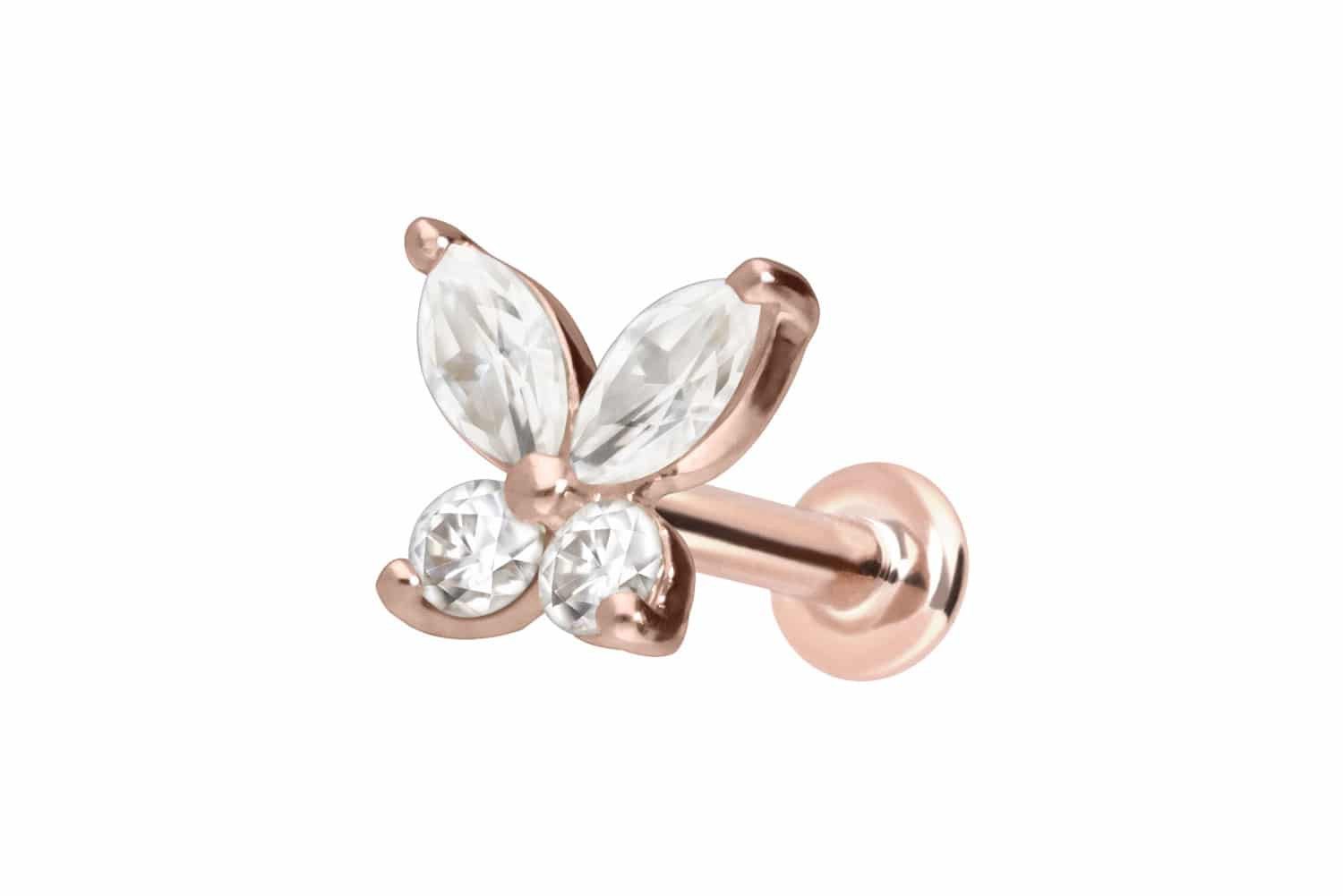 Piercing-Set 14 Karat Gold Labret mit Innengewinde MOISSANIT-SCHMETTERLING
