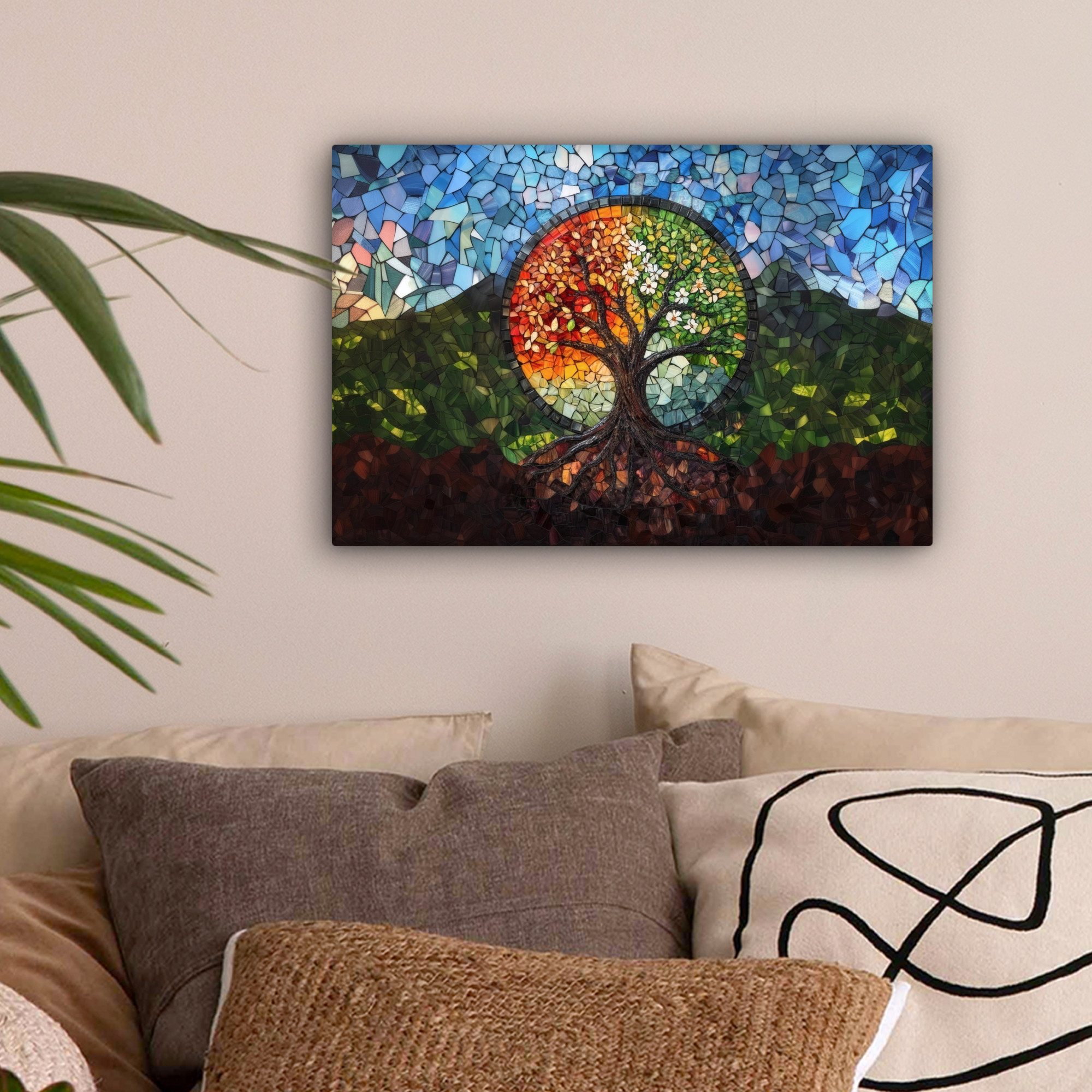 OneMillionCanvasses® Leinwandbild Baum - Jahreszeiten - Mosaik - Berge, Fot günstig online kaufen
