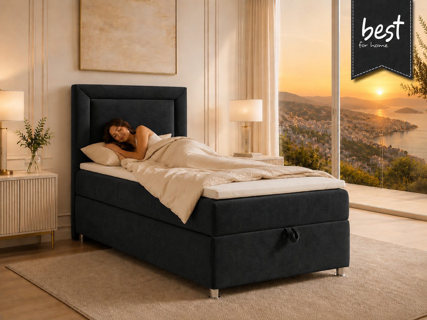 Best for Home Boxspringbett Trinity K-3 SINGLE mit Bettkasten & ca. 5 cm Topper (Einzelbett, Polsterbett mit gepolstertes Kopfteil, Jugendbett, Kinderbett versch. Größen, 3-St., 70x200 80x200 90x200 100x200 cm), Einzel-Boxspringbett mit integriertem Bettkasten