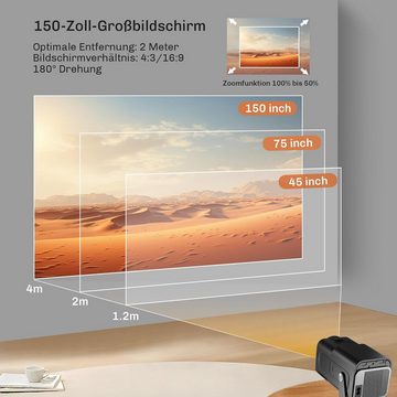HIPPUS Mini Native 1080P Full HD 4K Mini Portabler Projektor (3840x2160 px, Heimkino Zoom für Handy iOS//Laptop/Tablet/TV Stick/USB)
