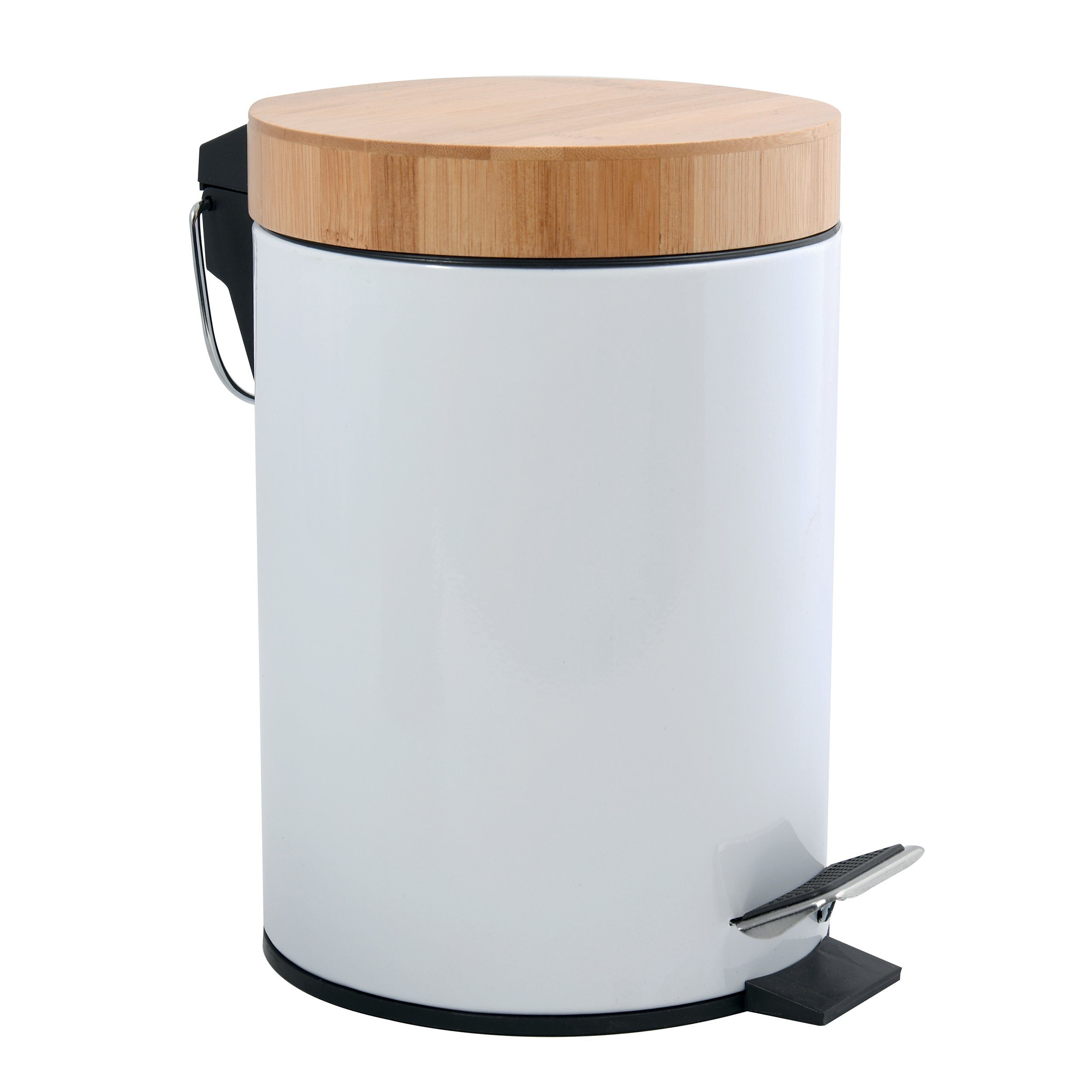 MSV Kosmetikeimer AZA, Edelstahl Treteimer, Deckel aus Bambus, mit Softclose-Absenkautomatik, 3L, weiß