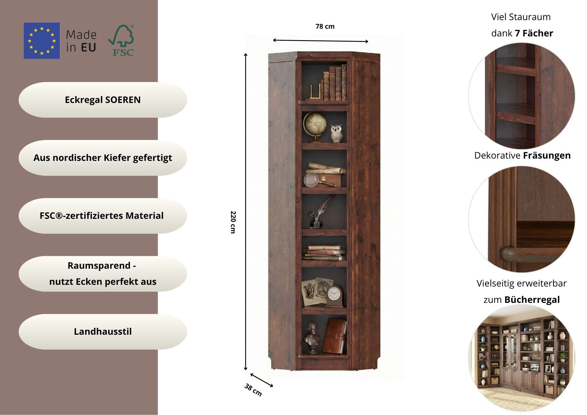 OTTO home Eckregal Soeren Regal Höhe 220 cm, massive Kiefer, FSC®-zertifiziert, passend für Regale Soeren mit einer Tiefe von 29 cm