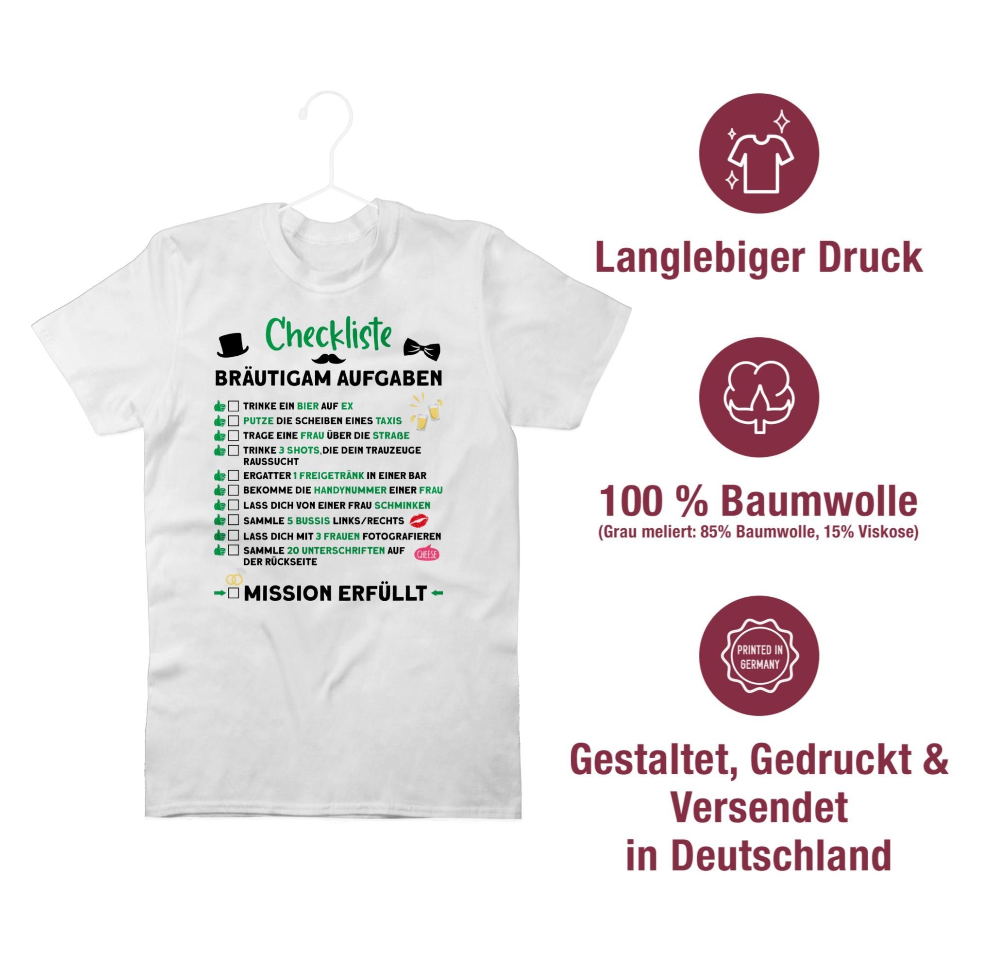 Checkliste Männer JGA Weiß Shirtracer JGA 1 T-Shirt Bräutigam Aufgaben