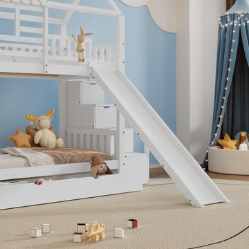 Flieks Etagenbett, Hausbett Kinderbett 90x200cm mit Schublade, Stauraumtreppe und Rutsche