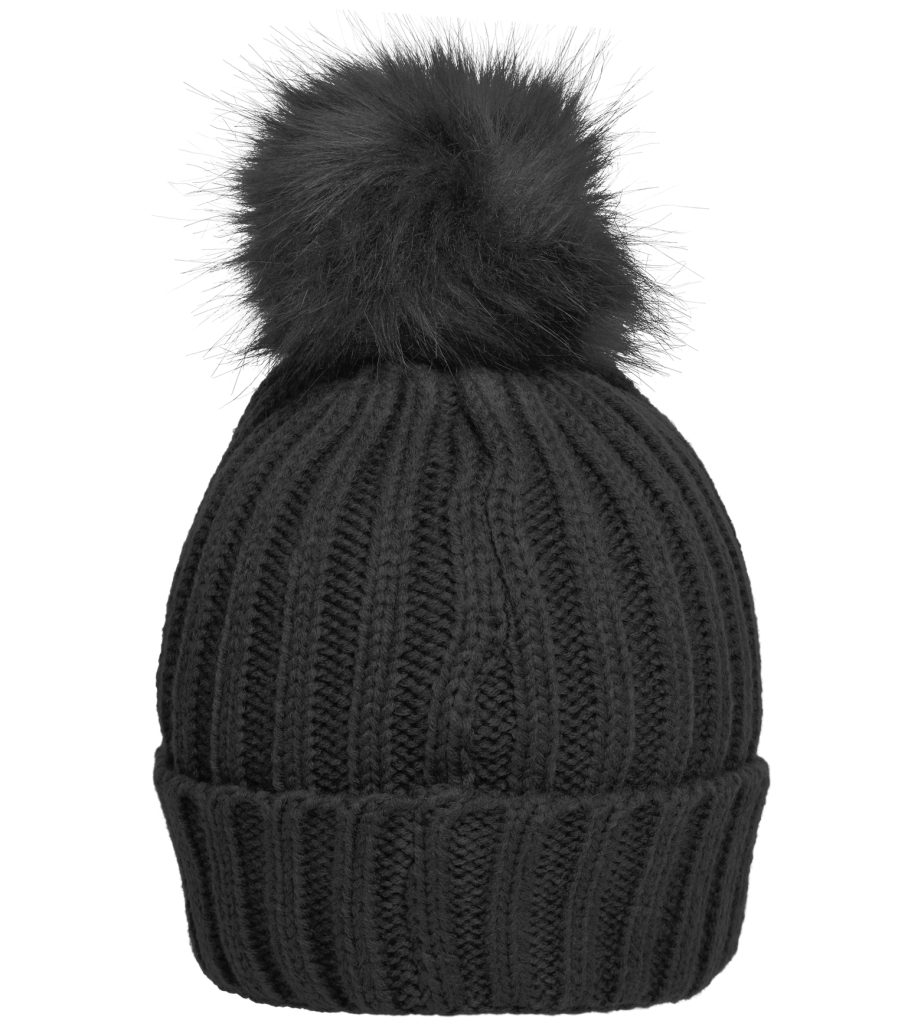 Damen Ripp Myrtle mit Beach extra Modischer MB7129 black großem mit Umschlag Pompon Elegante breitem Strickmütze Strickmütze