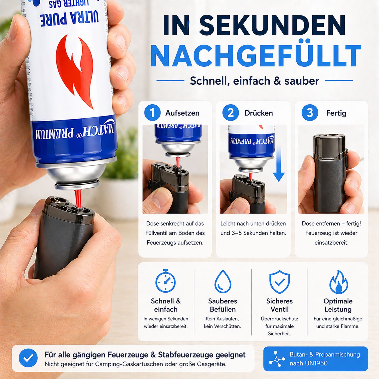 Silver Match Feuerzeug Feuerzeuggas Ultra Pure, 300ml (12-St), Butangas, Flammbierbrenner, Feuerzeuge, Nachfüllgas – Bild 5 von 5