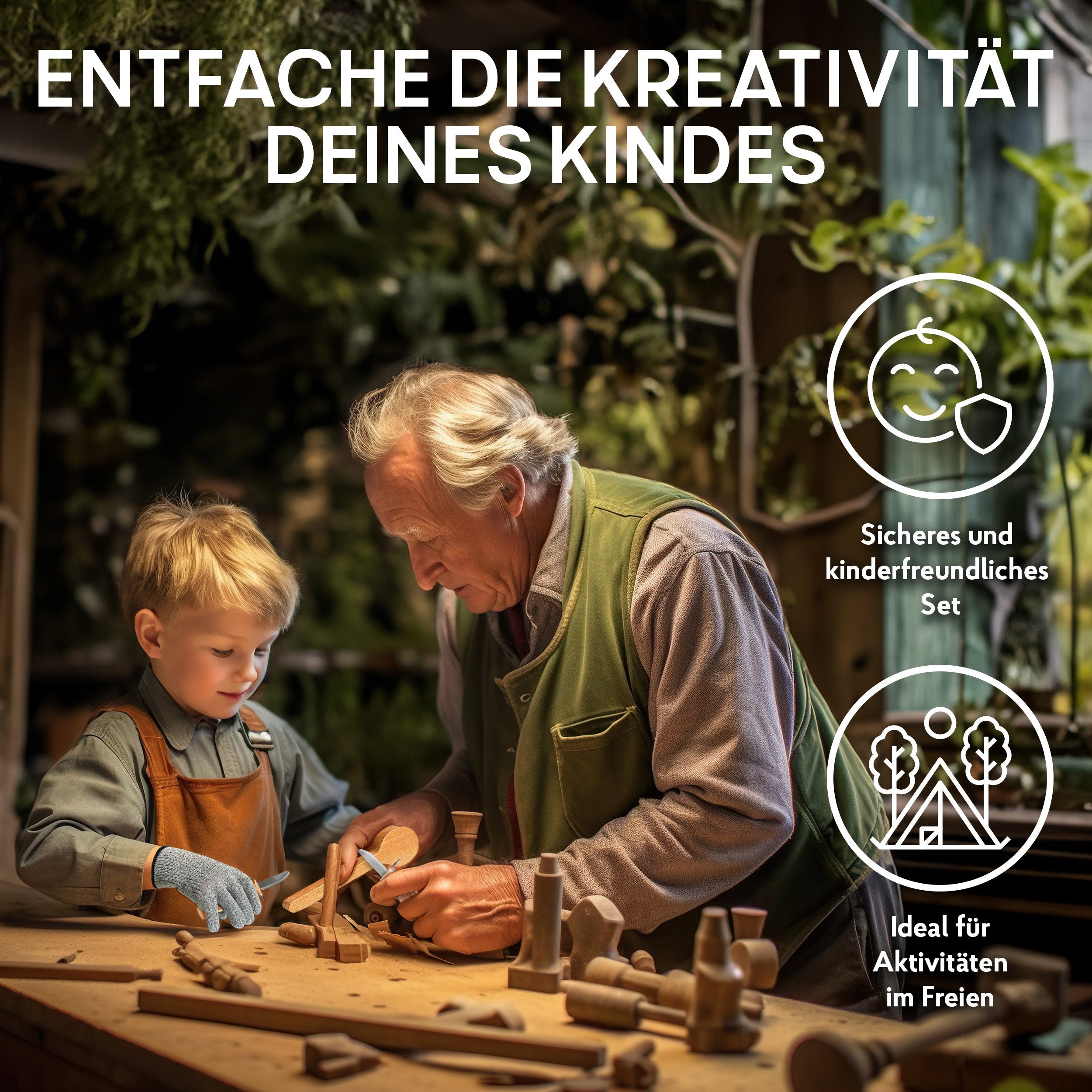 Eli Taschenmesser Schnitzmesser Kinder - Kindermesser mit Filztasche Kindertaschenmesser, (Schnitzwerkzeug - Outdoor Messer, 3 St., Kinderschnitzmesser - Griffe aus Buchenholz), inkl. schnittfeste Handschuhe - Beidhändig - rostfreier Stahl