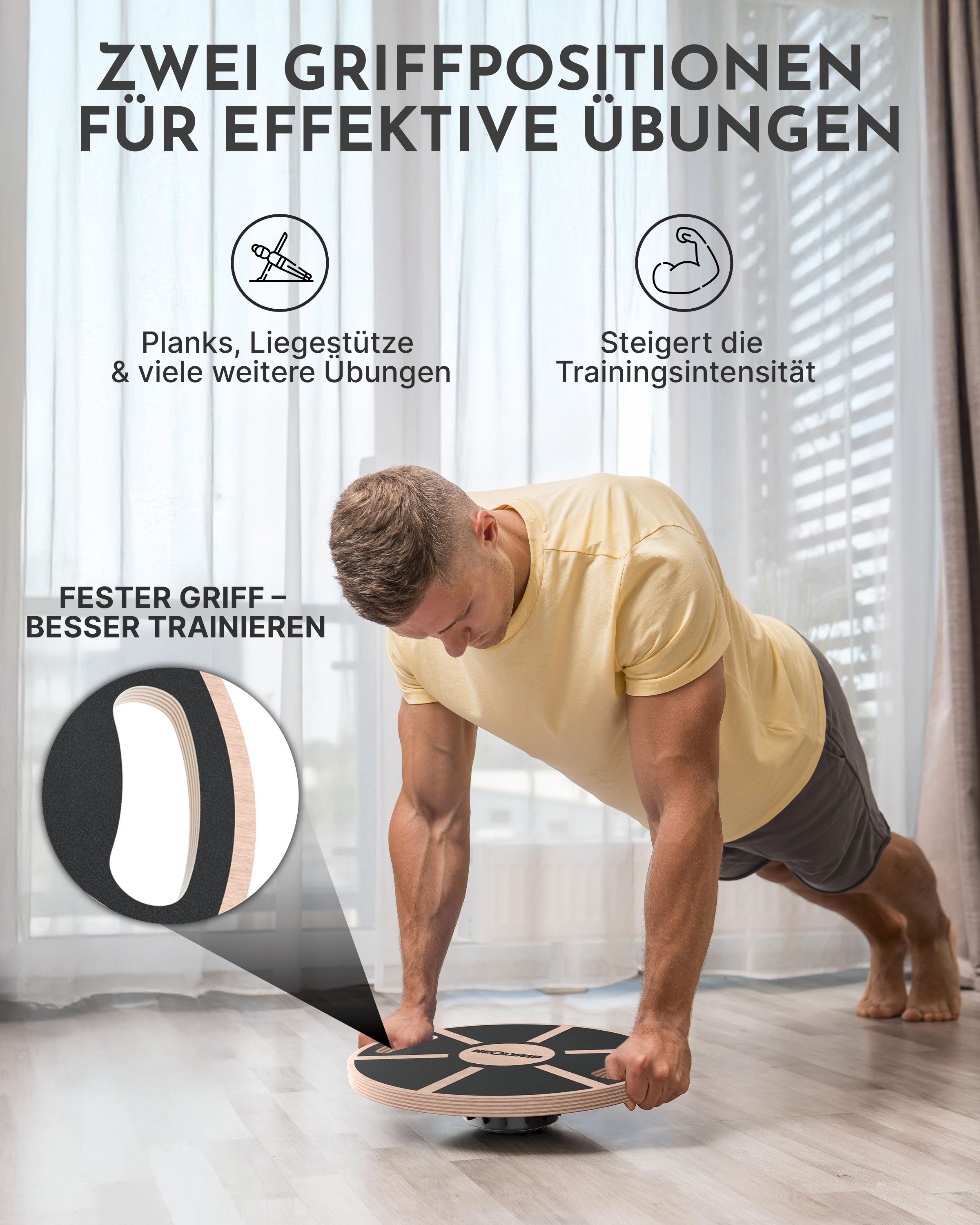 NEOLYMP Balanceboard Balance Board Holz mit Griffen - Rutschfestes Gleichgewichtsboard, 360° Rutschfestes Balance Board aus Echtholz mit Integrierten Griffen