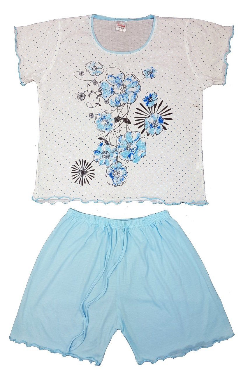 Weiß/Blau Schlafanzug Print, Damen im Fashion floralen Shorty, D264 Pyjama Girls Shorty kurz,