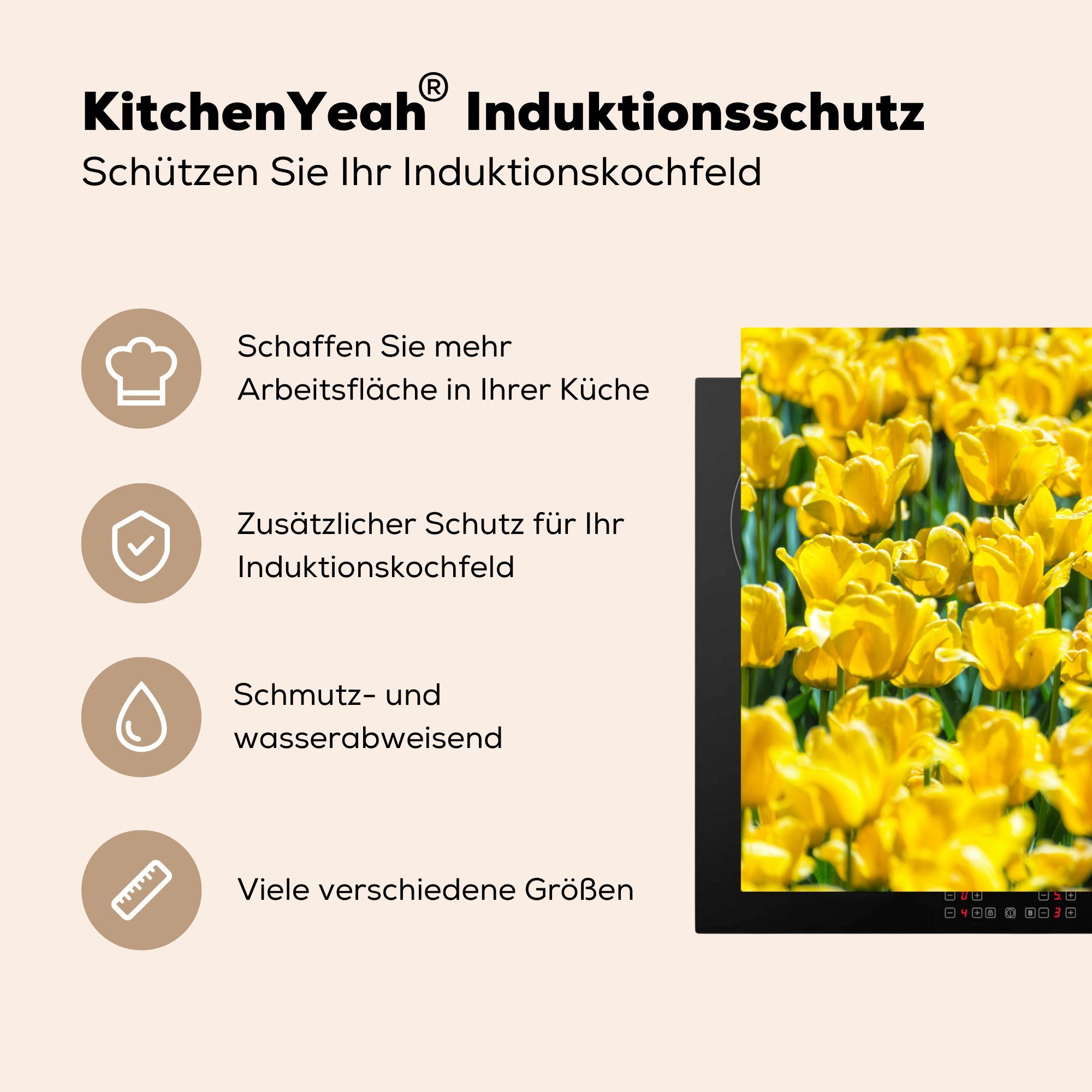 MuchoWow Herdblende-/Abdeckplatte Tulpenfeld mit gelben Tulpen, Induktionskochfeld tlg), Vinyl, (1 81x52 für Schutz küche, die Ceranfeldabdeckung cm