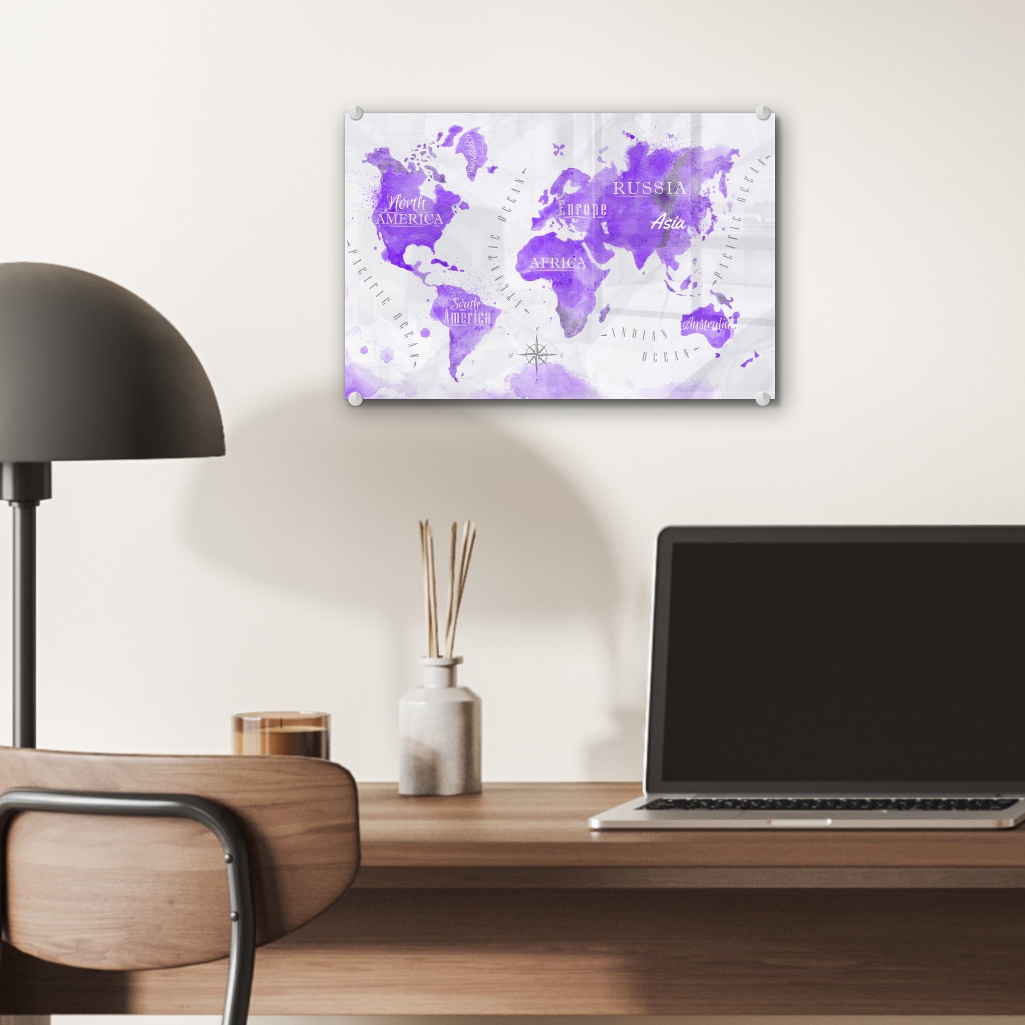 Bilder - (1 Foto auf St), Wandbild Wanddekoration - Weltkarte MuchoWow Violett, Glasbilder Ölfarbe - Glas Acrylglasbild Glas - - auf