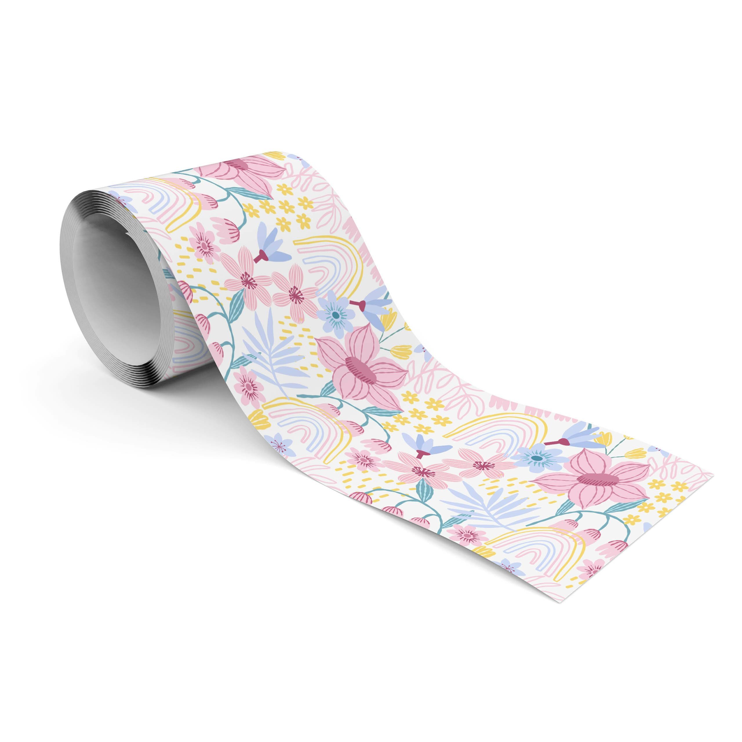 Muralo Bordüre Wandbordüre selbstklebend Kinderzimmer – Tapetenbordüre für Kinder, bedruckt, Rosa Blumen, 10 x 300 cm, abriebfest, abwischbar